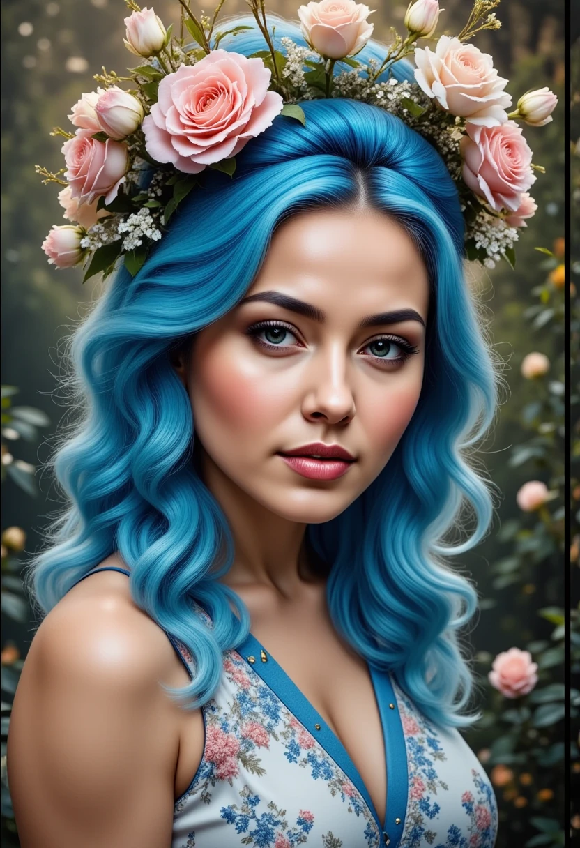 Anna Nicole Smith/Dolly Parton/Christina Hendricks Hybrid, blue hair, bright blue eyes, tender features, slender, completely naked, earrings, full body image head to toe, tattooed, extremely colorful, multicolored watercolor stained wall in the background with an assortment of floral arrangements