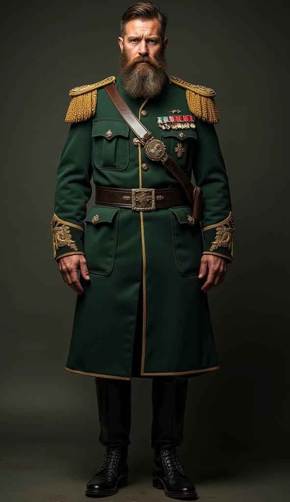 cape, hat, military, military_hat, military_uniform, peaked_cap, signature, uniform, weapon, looking_at_viewer, smile, 1boy, standing, male_focus, boots, belt, pants, black_footwear, dated, ground_vehicle, motor_vehicle, green_jacket, military_jacket, green_pants, soldier, train_station, soviet, junfa, outfit<lora:junfa:1>