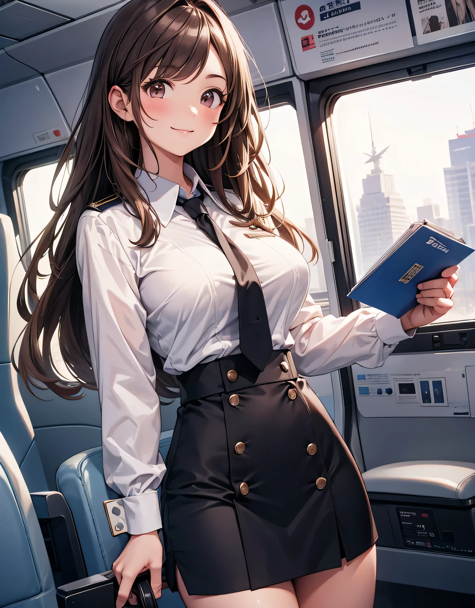 One Girl , Alone, high resolution, big breasts, Look away, blush, smiles, long hair, bangs, brown eyes, high resolution, masterpiece, accurate, anatomically correct, won numerous awards, 最 High Quality , High detail , high image quality model, High Quality , retina, very detailed, Ultra Fine, brown hair, , (( cabin attendant)), Highlight the whole body, airplane background , laughs, Tie your hair back, Cabin Attendant Uniform, JAL,All Nippon Airways, ,