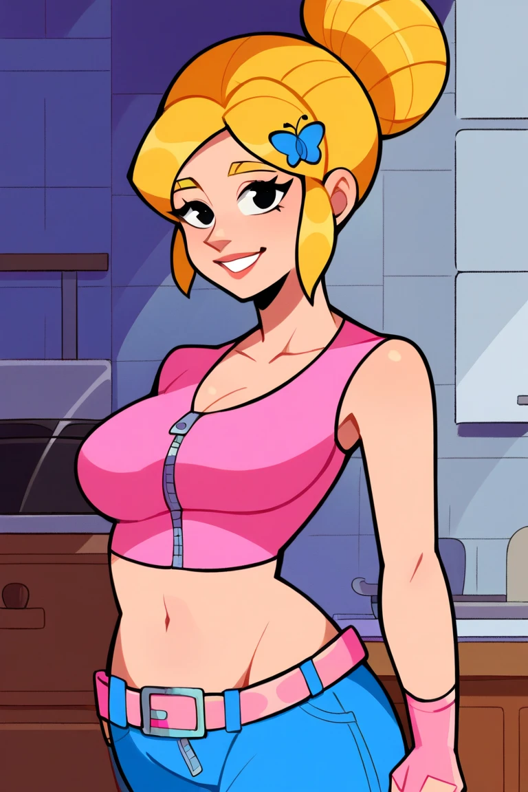 stand, masterpiece, Female, high ponytail haircut, blonde, freckles, latina, petit, wearing black bra, wearing pink little panties, has green eyes, thick body, on streamer girl room, rgb lights, big hips, solo