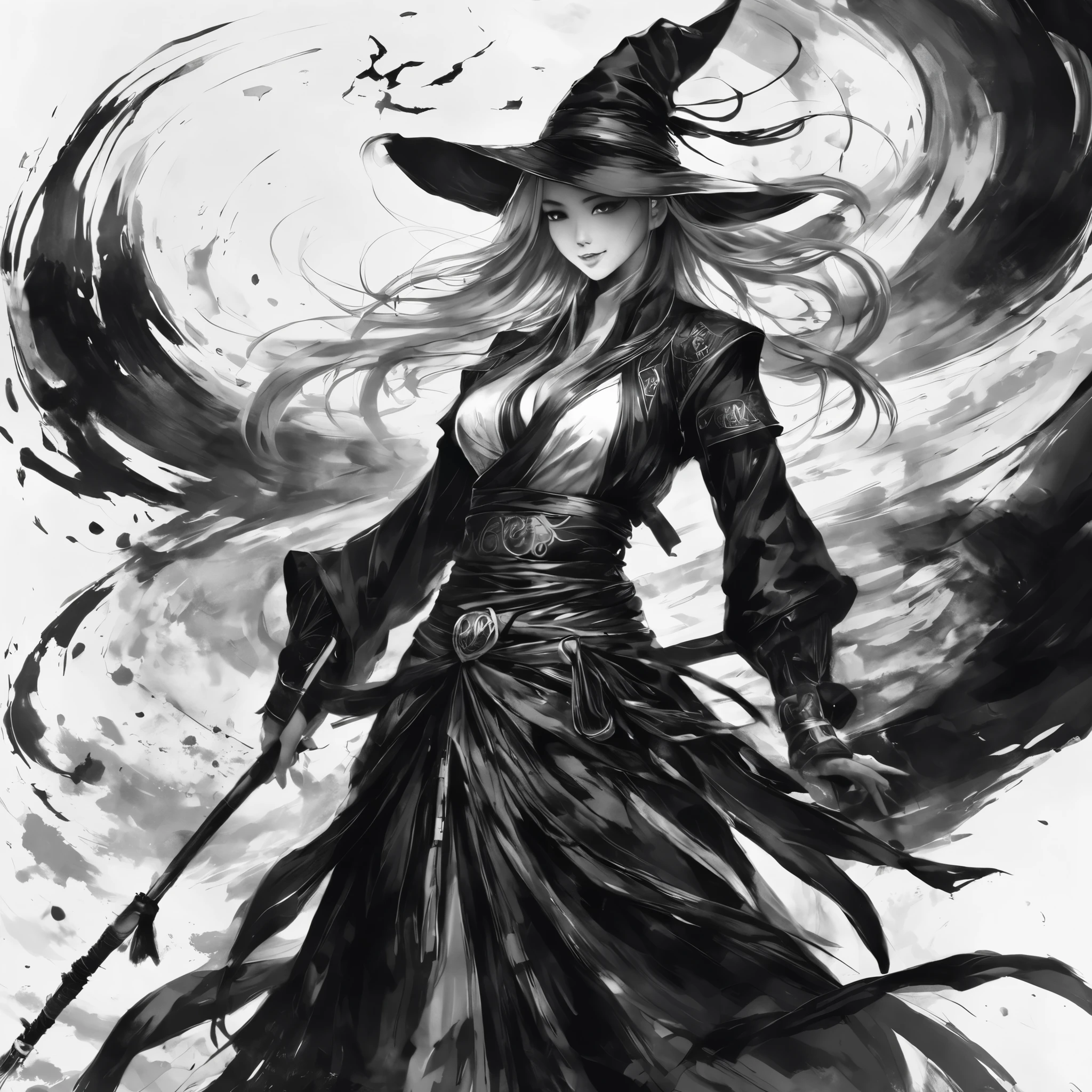 Ink painting,Black and White,whole body,smile,(Drawing strokes drawn with rot ring 0,Dynamic Movement Wizard、 wands、Cast a spell、雷