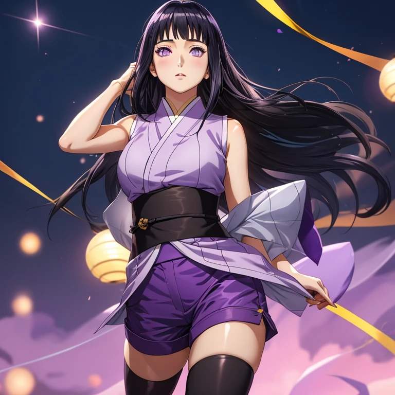 masterpiece, best quality, highres, aakogetsu, long hair, hair ponytail, hair ribbon, japanese clothes, yellow kimono, floral print, detached sleeves, sash, leotard, black thighhighs, <lora:homura_kogetsu_v1:0.7>, cowboy shot, standing, waving, smile, closed mouth, night, milky way,