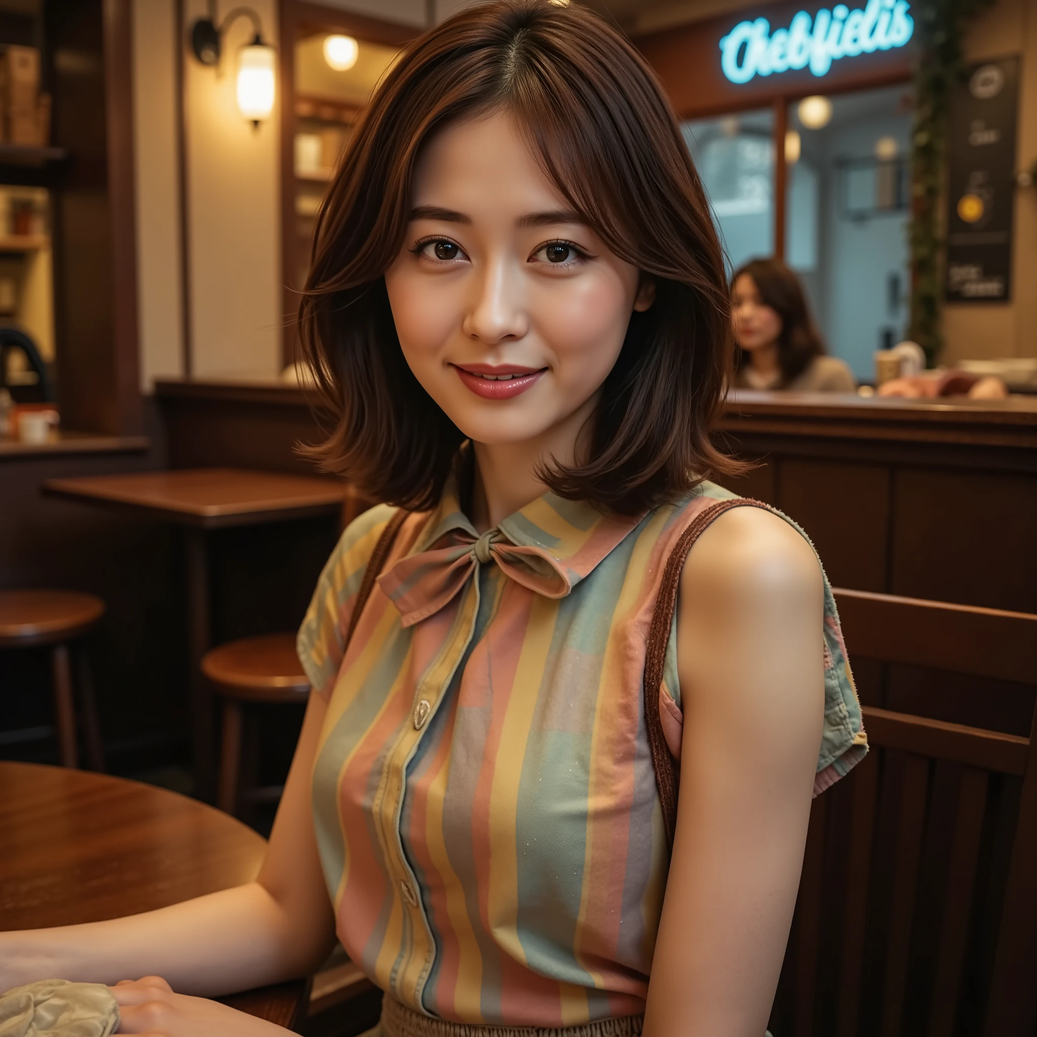 (8k、 RAW photos 、 best quality 、masterpiece:1.2)、( real 、写真のように real :1.37)、 more details、 1 girl、 cute、One person、background、Detailed Cafe、night、 sitting 、Date、(Nose brush)、(smile:1.1)、( Closed Her Mouth )、Big Breasts、誘惑的なsmile、Large opening、Professional writing、Sony A7R4、Zeiss 50mm F1.8、Mid-chest、 beautiful eyes with attention to detail 、( colored shirt :1.1)、 bow tie、 pleated skirt、( short hair:1.2)、Floating Hair