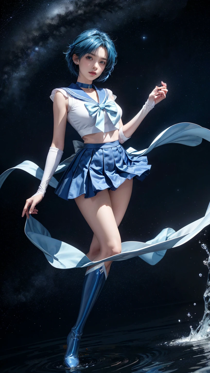 masterpiece, full: 1.3, stand, 3D, realistic, ultra microphoto, highest quality, Extreme Detail CG Unity 8K Wallpaper, from below, ((1 female)), (See more1, tiara, sailor warrior uniform:1.6), (sailor mercury), ,(facial details: 1.2, cute face, blue eyes, beautiful face, beautiful eyes, shining eyes, thin lips: 1.3, thin and sharp pale eyebrows, long and thick eyelashes, long and thick lower eyelashes, double eyelid,),(blue color: 1.1,blue pleated mini skirt: 1.1, blue latex knee-high boots, high heels, white long latex gloves: 1.2, Beautiful female hand in white latex gloves,blue gloves on the elbow,)), (blue sailor collar, tight translucent uniform), short voluminous blue hair floating (blue choker, golden tiara,luxury jewelry,earrings,), sexy model posing,huge breasts,Tall and lean, thin and muscular, small face, perfect proportions, visible pores, enchanting smile, blush,looking at the viewer,blue hair, Ultra-thin, high-gloss holographic leather for a great fit,perfect hands: 1.5, octane rendering, strong natural light, sunlight, exquisite light and shadow, dynamic angle, Glossiness, Digital single-lens reflex camera, sharp focus, maximum clarity and sharpness, sexy high leg swimsuit,(god of water, in water,splash,Mercury,Dark space background,),plug suit