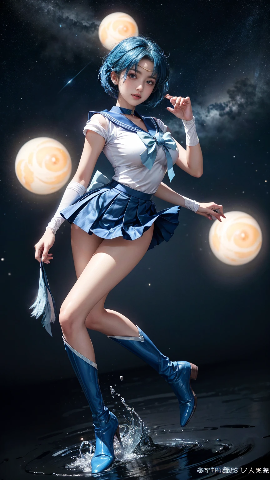 masterpiece, full: 1.3, stand, 3D, realistic, ultra microphoto, highest quality, Extreme Detail CG Unity 8K Wallpaper, from below, ((1 female)), (See more1, tiara, sailor warrior uniform:1.6), (sailor mercury), 17 years old,(facial details: 1.2, cute face, blue eyes, beautiful face, beautiful eyes, shining eyes, thin lips: 1.3, thin and sharp pale eyebrows, long and thick eyelashes, long and thick lower eyelashes, double eyelid,),(blue color: 1.1,blue pleated mini skirt: 1.1, blue latex knee-high boots, high heels, white long latex gloves: 1.2, Beautiful female hand in white latex gloves,blue gloves on the elbow,)), (blue sailor collar, tight translucent uniform), short voluminous blue hair floating (blue choker, golden tiara,luxury jewelry,earrings,), sexy model posing,huge breasts,Tall and lean, thin and muscular, small face, perfect proportions, visible pores, enchanting smile, blush,looking at the viewer,blue hair, Ultra-thin, high-gloss holographic leather for a great fit,perfect hands: 1.5, octane rendering, strong natural light, sunlight, exquisite light and shadow, dynamic angle, Glossiness, Digital single-lens reflex camera, sharp focus, maximum clarity and sharpness, sexy high leg swimsuit,(god of water, in water,splash,Mercury,Dark space background,),plug suit