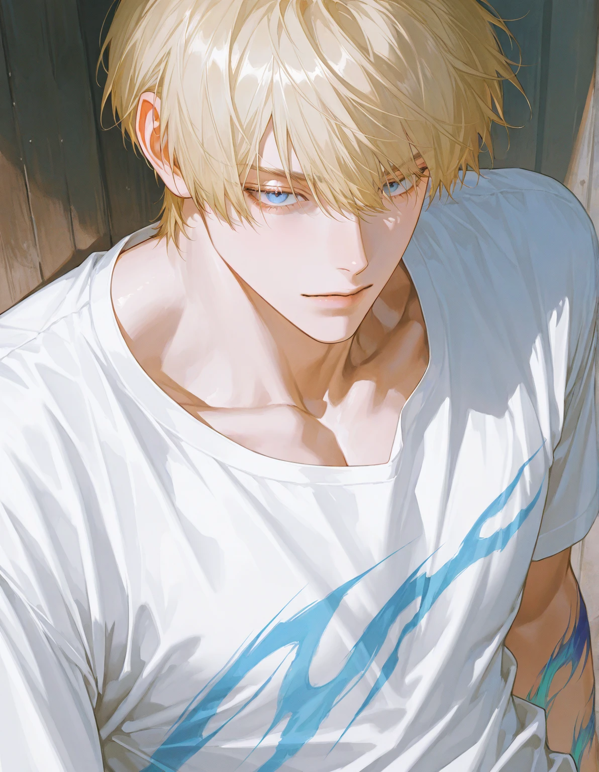 Mature male, handsome, Blonde hair, short hair, short length hair, with bangs, 1 man, male focus, handsome man, thickly painted, perfect Eyes, Blue eyes, semi-anime art, expressive brushstrokes, vibrant brushstrokes, impressionistic painting, realistic skin, anime hair, semi-realistic details, high details, wearing white T-shirt, Muscle built body