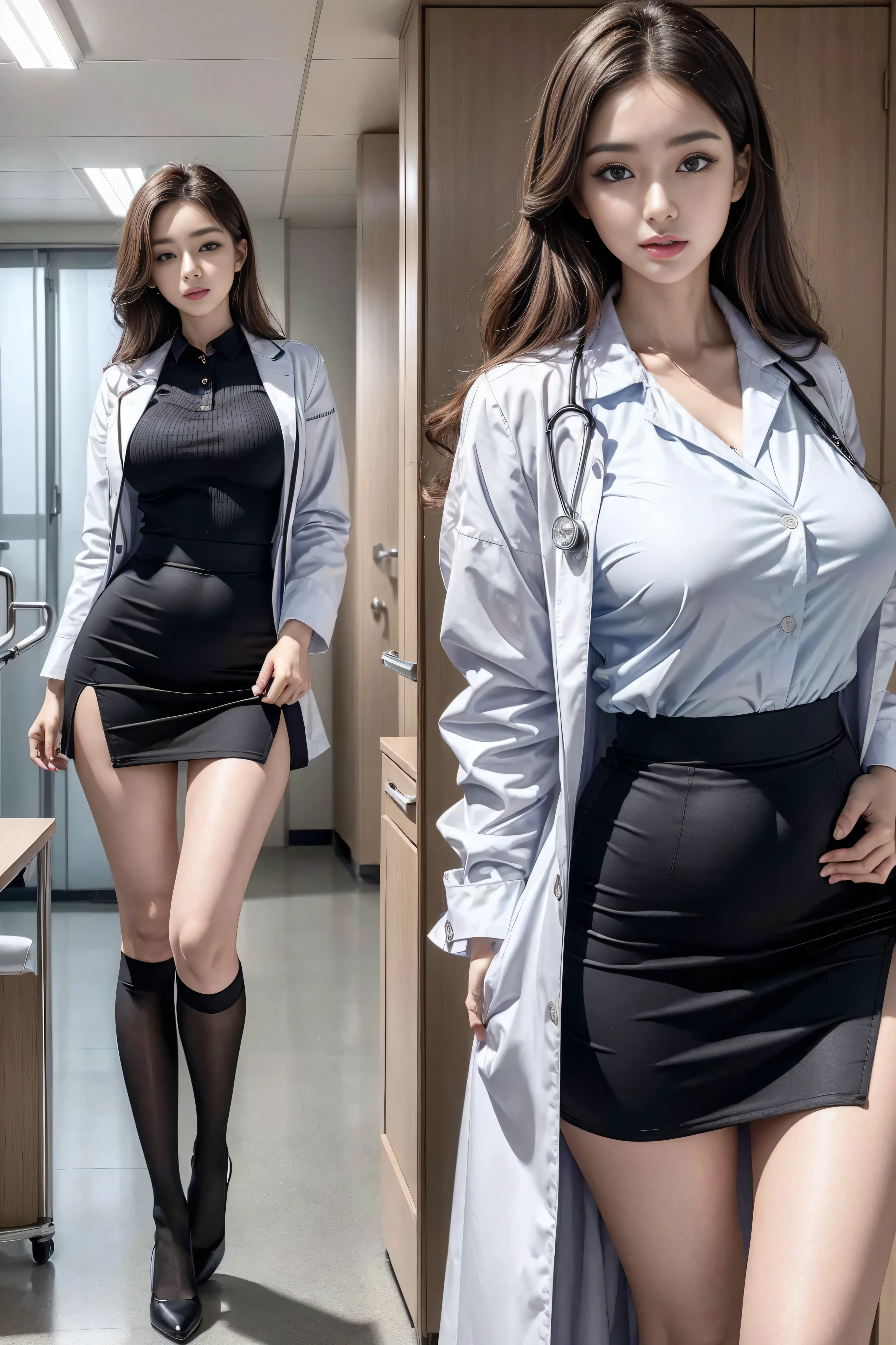 Realistic beautiful doctor、Astonishingly beautiful、doctor white coat, collared shirt、(top quality、8K、32K、masterpiece、north african trade zone:1.3)、ultra high resolution,(Realism:1.4),original photography, Detailed face,,beautiful hair, ((Doctor style)),,((Leg length)), (thigh gap:1.5), , black bodycon skirt、 natural makeup,, plump big breasts、inside the hospital, Detailed background, perfect lighting, depth of field, beautiful shadow gradient,stethoscope ,