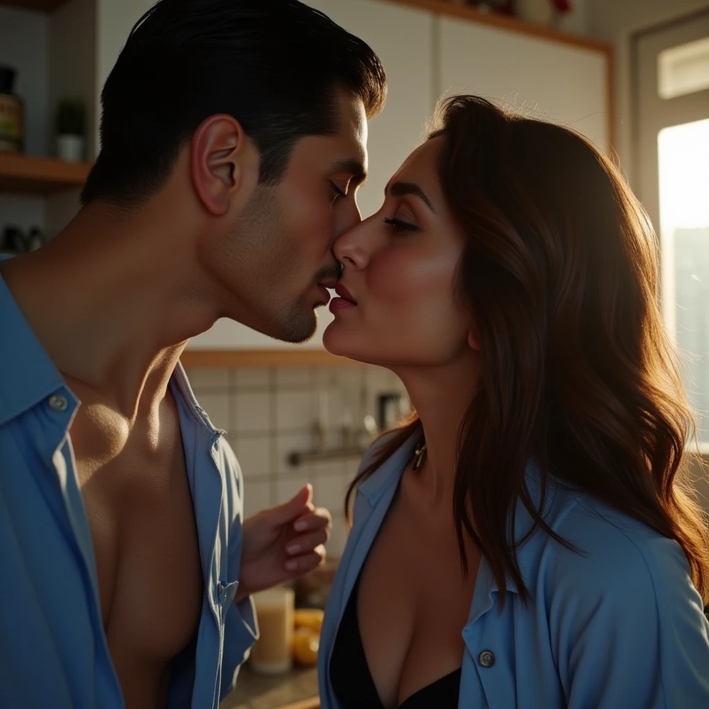The man in his 45s with black very short hair and smooth face with moustache. The woman in her 45s with brown long wavy hair. The man and the woman in the shower cabin. They are wet. They hug each other and look at each other with love. Romantic. Passionate. Dark and dim environment. UHD. HDR. Cinematic.