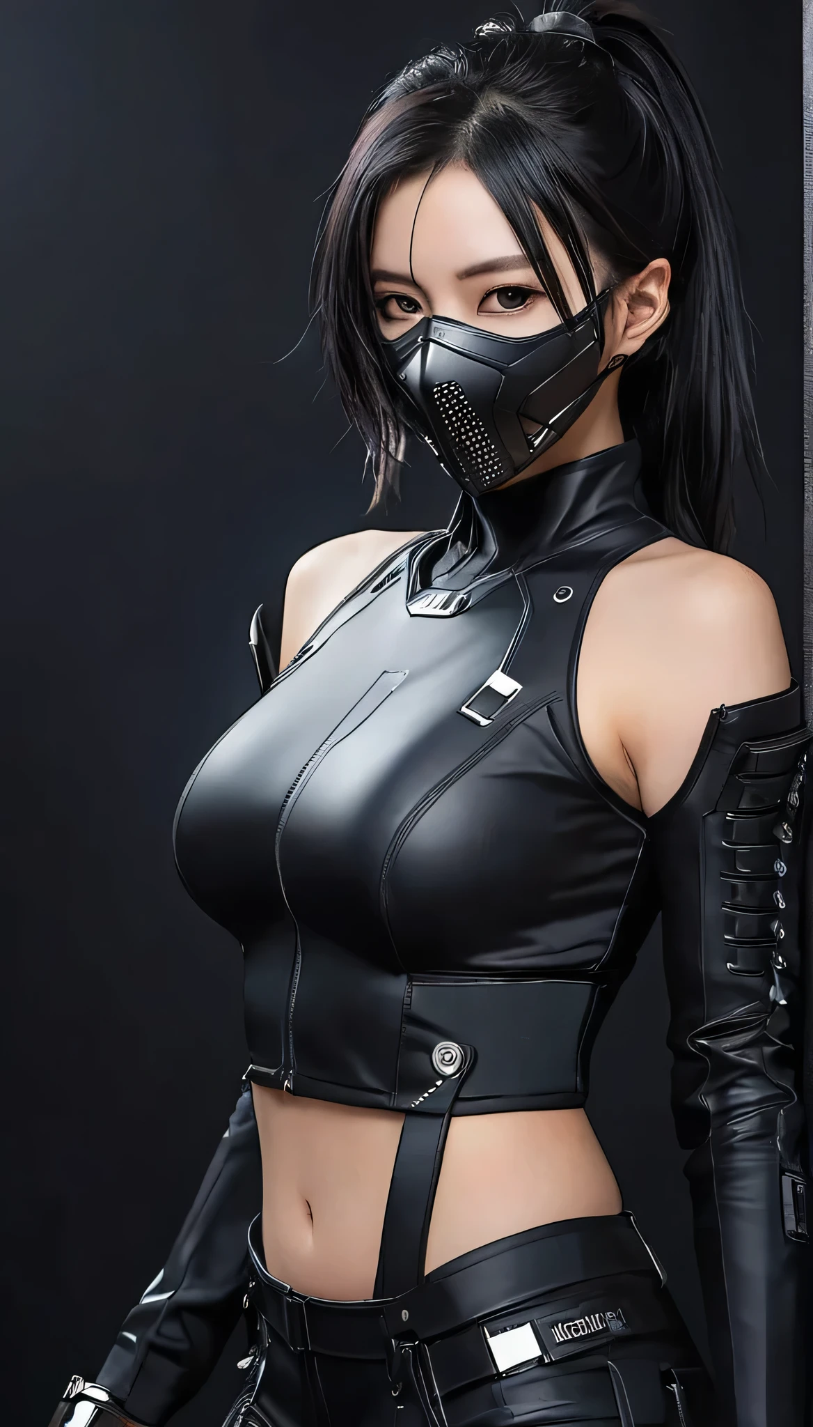 Woman dressed in black with mask and japanese sword katana all black cyberpunk clothing, wear tech clothes and armor , photo of a woman in technical suit , dark sci-fi outfit , cyberpunk costume, Female Assassin , futuristic tech suit , Cyberpunk clothes , charcoal black hair cyberpunk girl , cyberpunk clothing, cyberpunk costume, tech fashion , in dark space mercenary suit toothpick