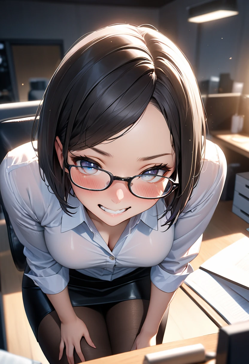 1girl, large breasts, glasses, shirt, brown hair, long hair, 1girl, blue eyes, indoors, from above, smug, smile,
