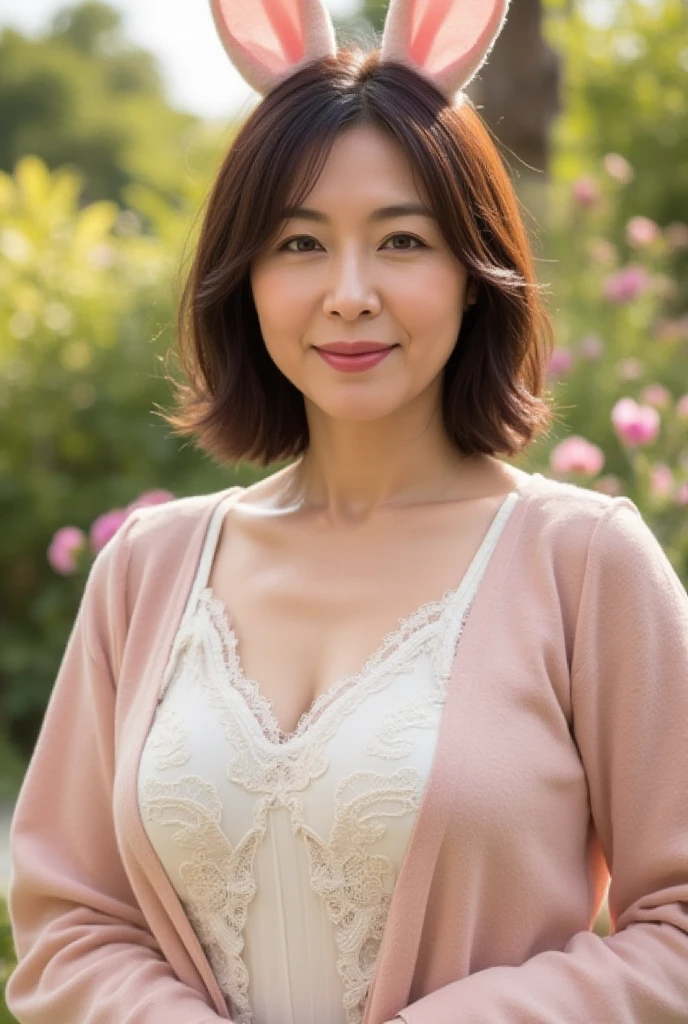 最high quality, In 8K, Overall image, Genuine, Sharp focus, high quality, High resolution, Detailed face, fine grain, Thick lips, Background Blur, alone, Middle-aged women, , 65 years old, , Wavy Hair, Cleavage, Wearing a plain short-sleeved knit, Standing in the park, Wrinkles around the eyes, Smiling with teeth showing