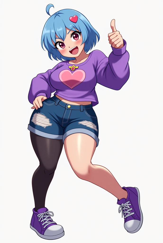 Azucarilla Azucaroza is a slender girl with big breasts and big hips, a dynamic and challenging pose., tilted slightly forward with a raised hand showing a thumb up , while his short blue hair with a heart brooch on the Lateral moves slightly through the air. His expression reflects energy and confidence , with a big friendly smile . He wears his characteristic short and torn purple sweater with a heart in the center , ripped denim shorts , black tights and purple sneakers .