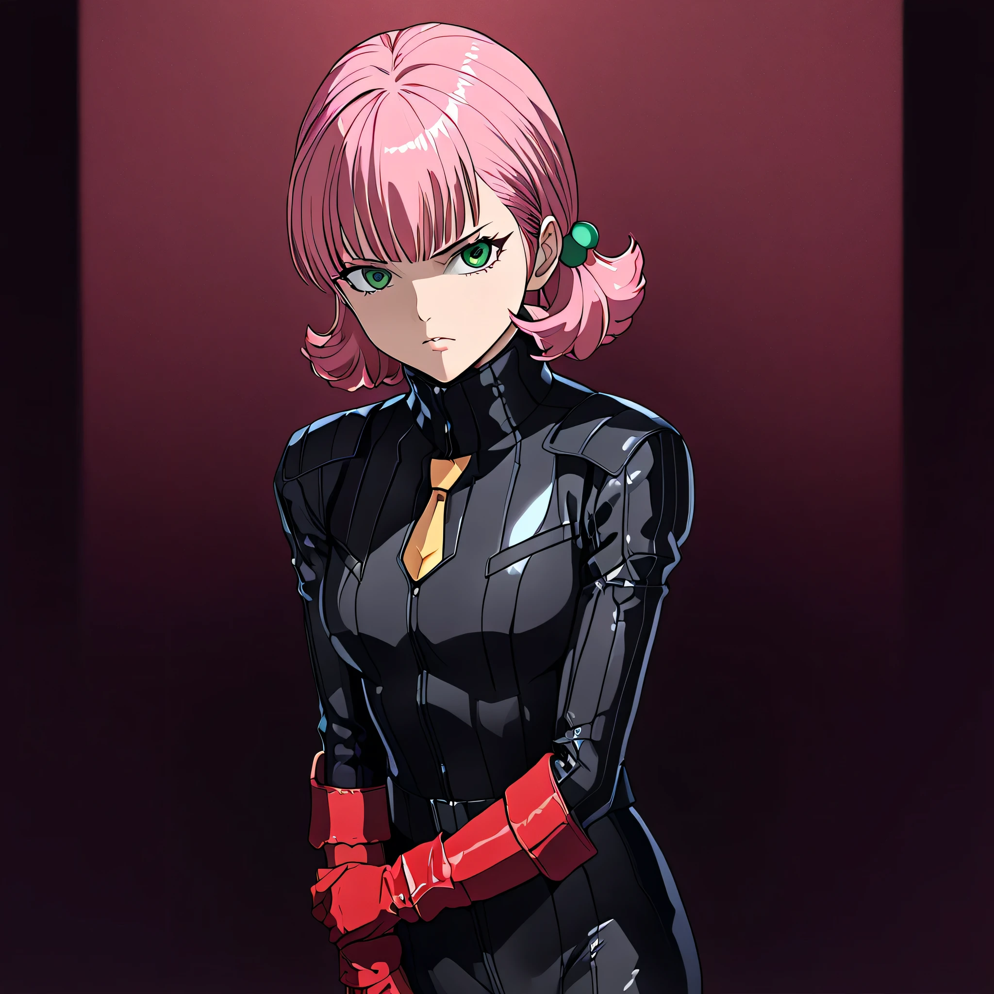 anime, (masterpiece), (best quality), (ultra-detailed), (best illustration), (best shadow), (absurdres), (detailed background), (very aesthetic), shiny, detailed beautiful eyes, outstanding, countershading, detailed soft lighting, an exquisite animation illustration, 1girl, solo, anheang, Dollsuit, thighthigh, dark persona, empty eyes, expressionless, blank eyes, looking at viewer, red gloves, full body, emotionless, Fighting Stance, hair ornament, medium breast, submissive pose, seductive pose, SarahZab1ar0v, hair bobbles, green eyes, pink hair
