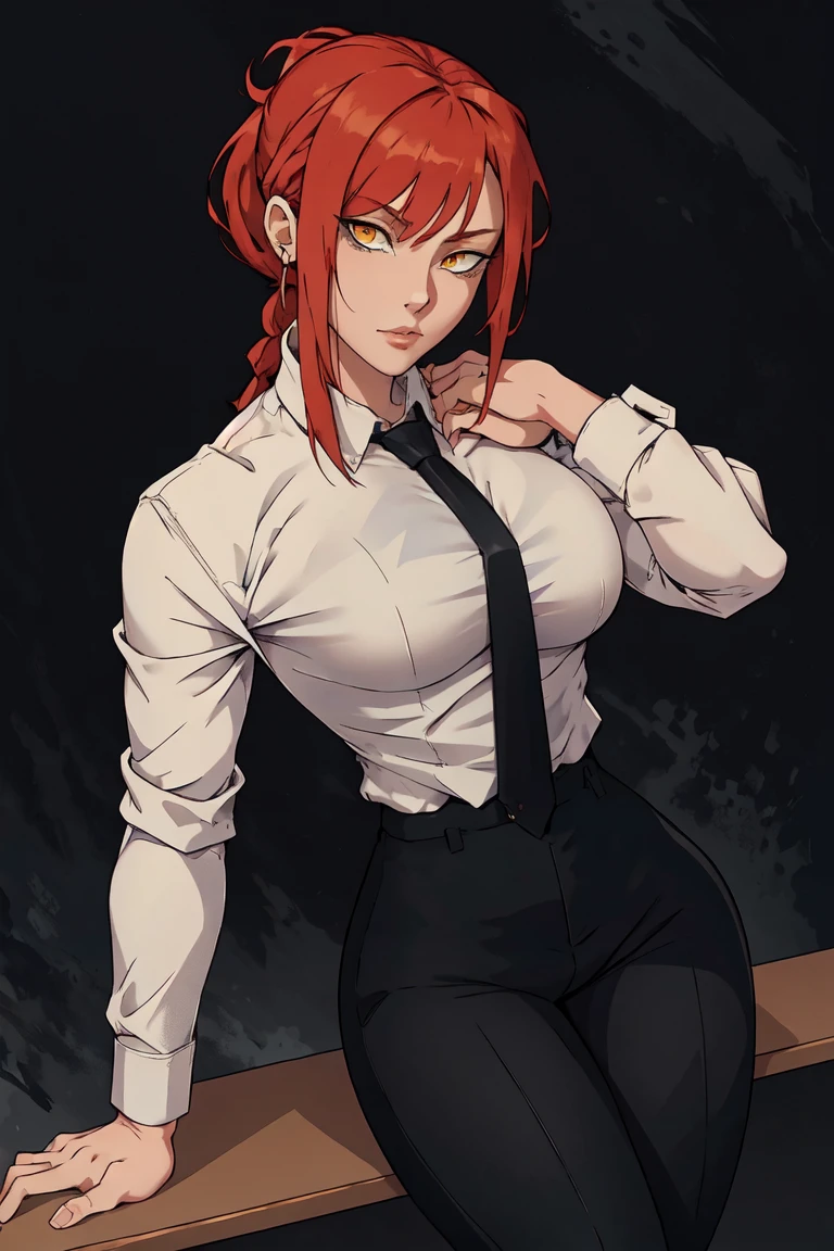 (masterpiece, best quality:1.2), cowboy shot, solo, 1girl, makima\(chainsaw man\), smile, long sleeves, red hair, necktie, large breasts, looking at viewer, thick thighs, hand on hip, pants, black pants, yellow eyes, white shirt, braided ponytail, ringed eyes, high-waist pants, shirt, braid, shirt tucked in, simple background, white background, black necktie, collared shirt, BlackGirl, very dark skin, dark-skinned female