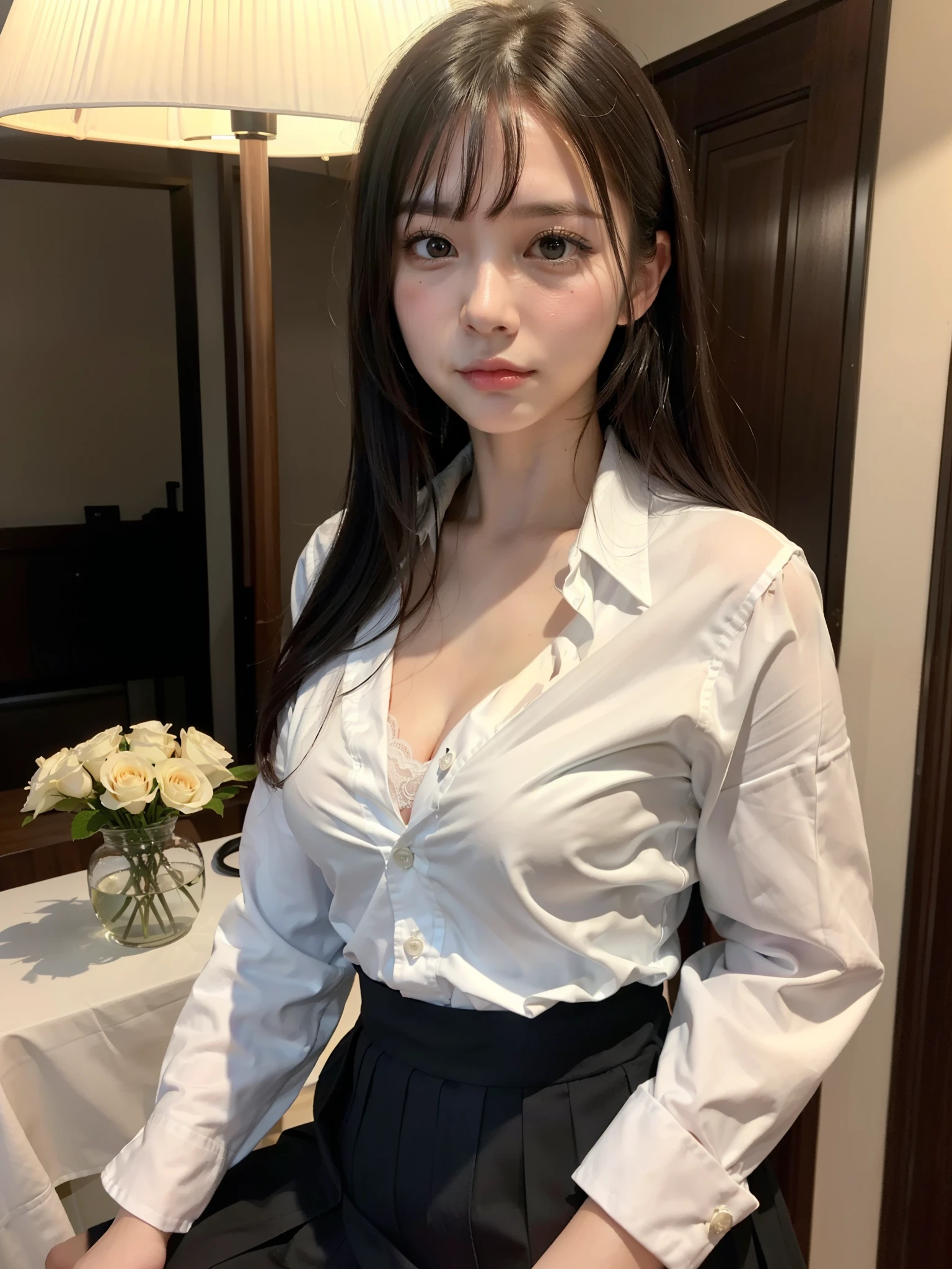 (Highest quality:1.4),(masterpiece:1.4),(Realistic:1.4),(Realistic:1.2),(超High resolution, RAW Photos:1.4),(High resolution, Super detailed:1.2),(8K:1.2),Cinematography,a photo of a dark-haired,One Girl,alone,(White shirt),Big Breasts,((Upper Body:1.3))、office、OL
