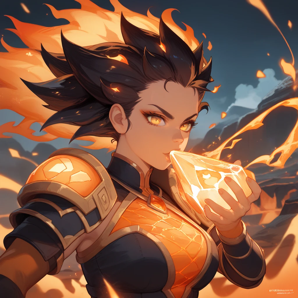 (8K, Best quality, tmasterpiece:1.2),\(eye detailed\),\(Facial features\),(\(Clothes detail details\)\),(1 girl:1.3),(Solo),Mature female,((musculature,Brown skin:1.4)),((brown hair,Single ponytail,red hairband:1.3)),k hd,((Slime girl:1.3), mud ground \(substance\), Orange-red rind:1.2),Wear intricate gold jewelry,((huge breasts,plump breasts,sagging chest:1.3)),((Small man's waist,Slim waist:1.3)),(Facial focus) ,Very detailed CG unity 8K wallpaper,hugefilesize,ultra - detailed,A high resolution,absurderes,beautidful eyes,Ray traching,dramatic shadow,finely detailled,Dramatic angles,Hyper-detailing,((Wearing a set of fantasy armor,The armor is inlaid with red hedrons,Wrapped in a powerful set of armor. The metal plate is decorated with an intricate design,Reminiscent of a flickering flame licked on the surface:1.5))