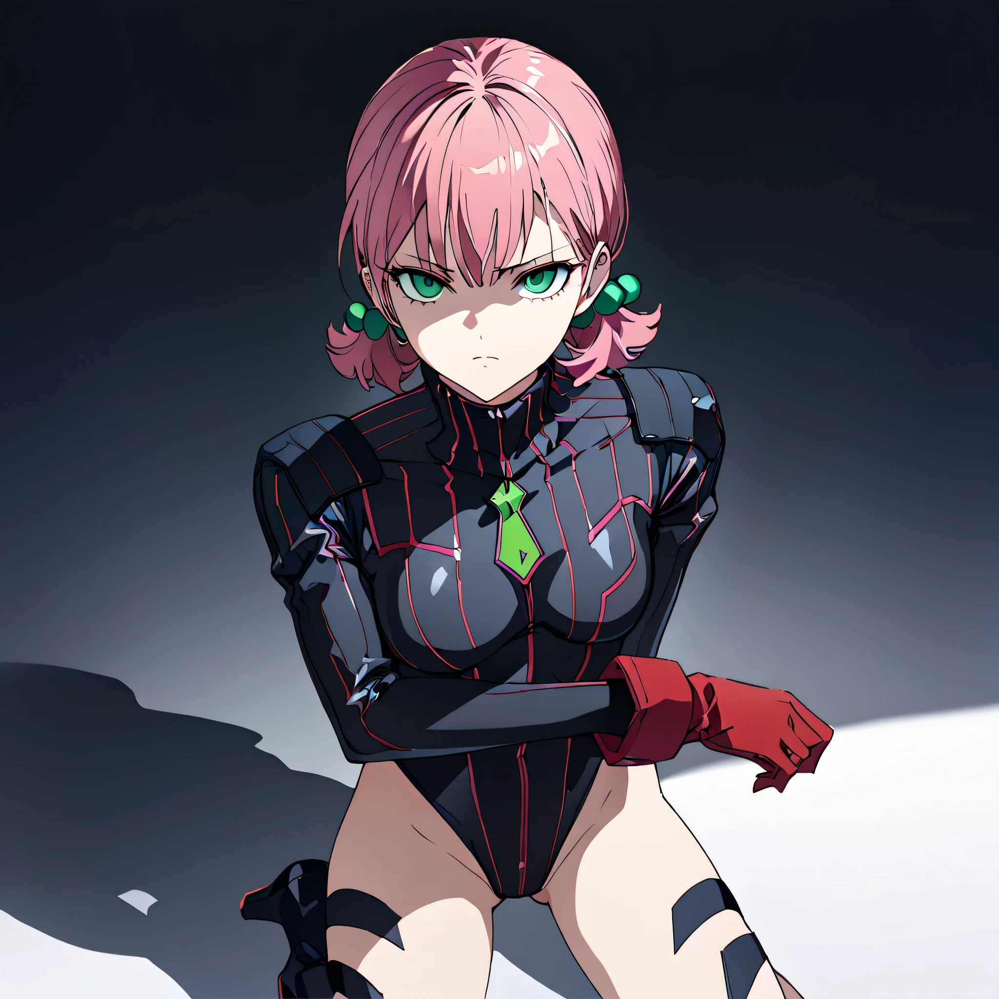 anime, (masterpiece), (best quality), (ultra-detailed), (best illustration), (best shadow), (absurdres), (detailed background), (very aesthetic), shiny, detailed beautiful eyes, outstanding, countershading, detailed soft lighting, an exquisite animation illustration, 1girl, solo, anheang, Dollsuit, thighthigh, dark persona, empty eyes, expressionless, blank eyes, looking at viewer, red gloves, full body, emotionless, Fighting Stance, hair ornament, medium breast, submissive pose, seductive pose, SarahZab1ar0v, hair bobbles, green eyes, pink hair