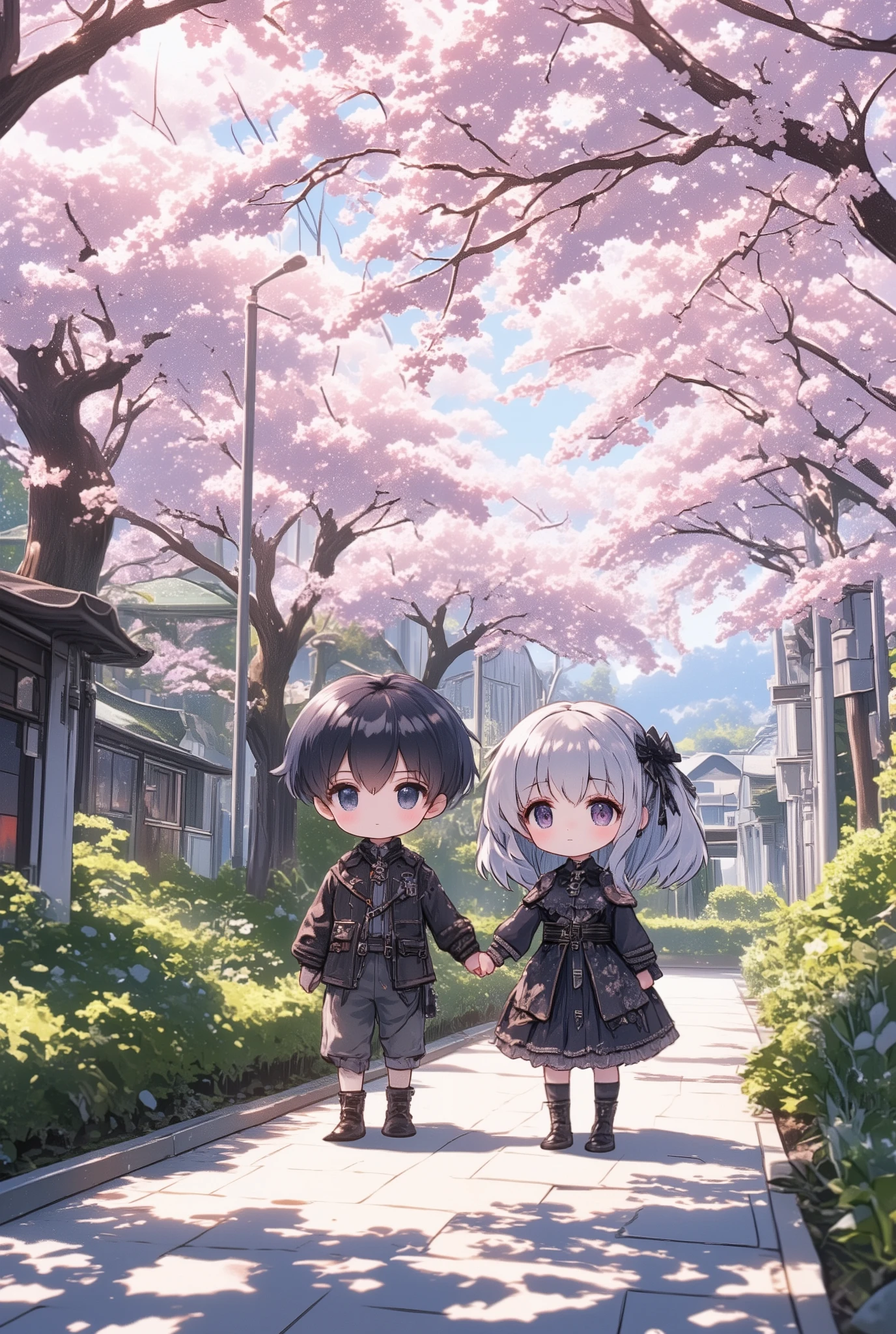 chibi, A cute  couple, holding hands, walking along a sidewalk on a bank of blooming cherry blossoms. The boy is dressed casually, the girl in a gothic dress. ultra detailed, absolutely resolution, masterpiece