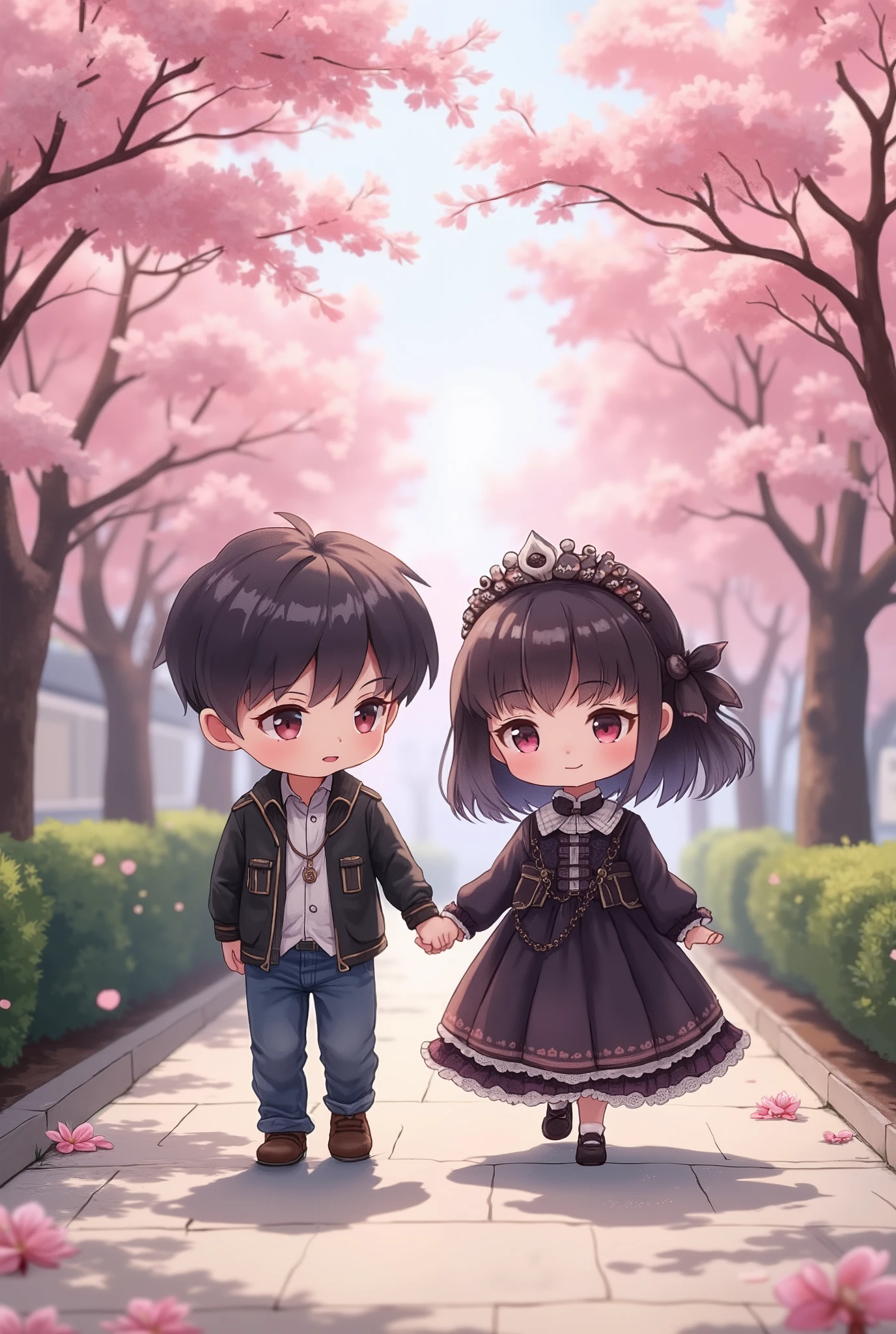 chibi, A cute couple, holding hands, walking along a sidewalk on a bank of blooming cherry blossoms. The boy is dressed casually, the girl in a gothic dress. ultra detailed, absolutely resolution, masterpiece
