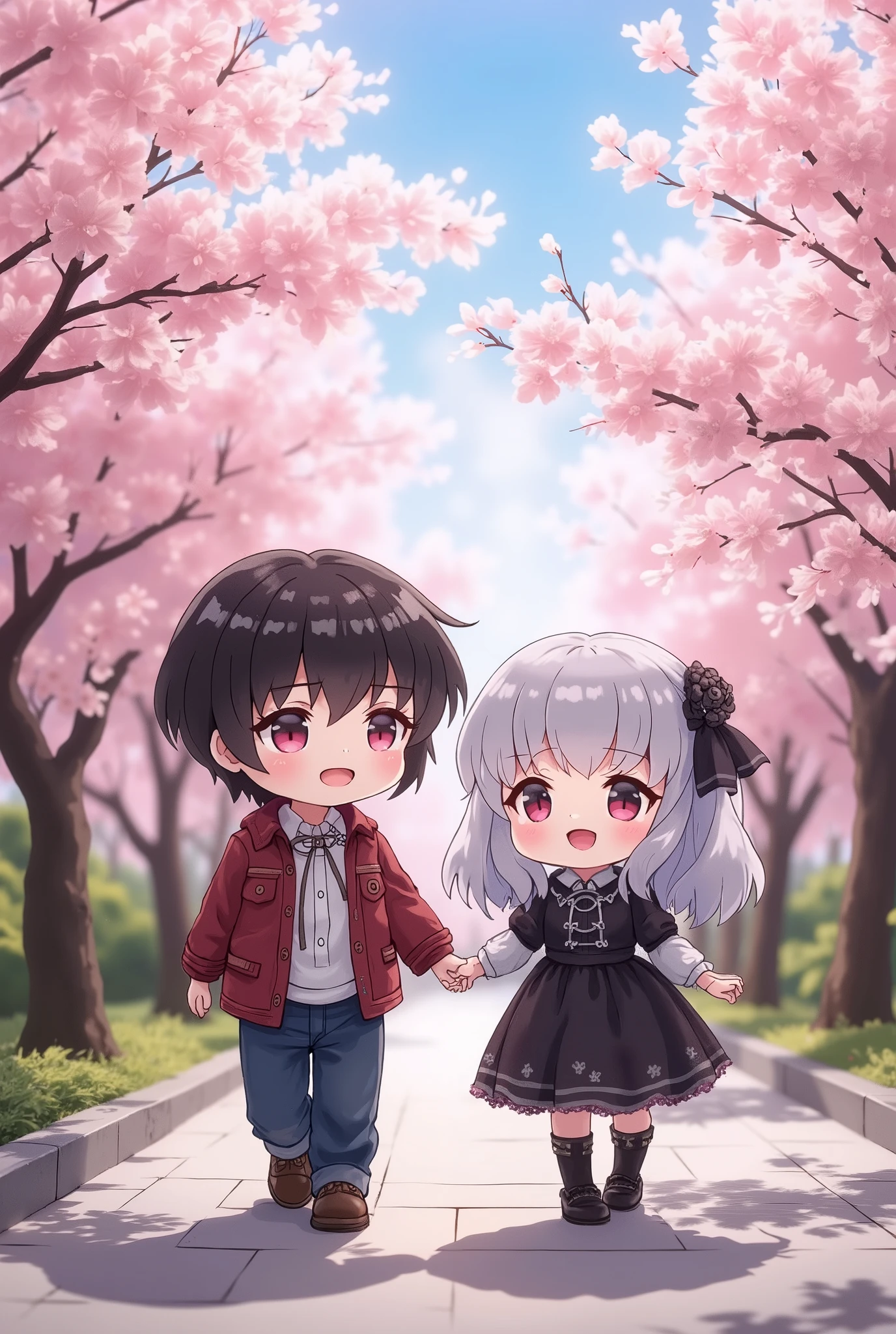 chibi, A cute  couple, holding hands, walking along a sidewalk on a bank of blooming cherry blossoms. The boy is dressed casually, the girl in a gothic dress. ultra detailed, absolutely resolution, masterpiece