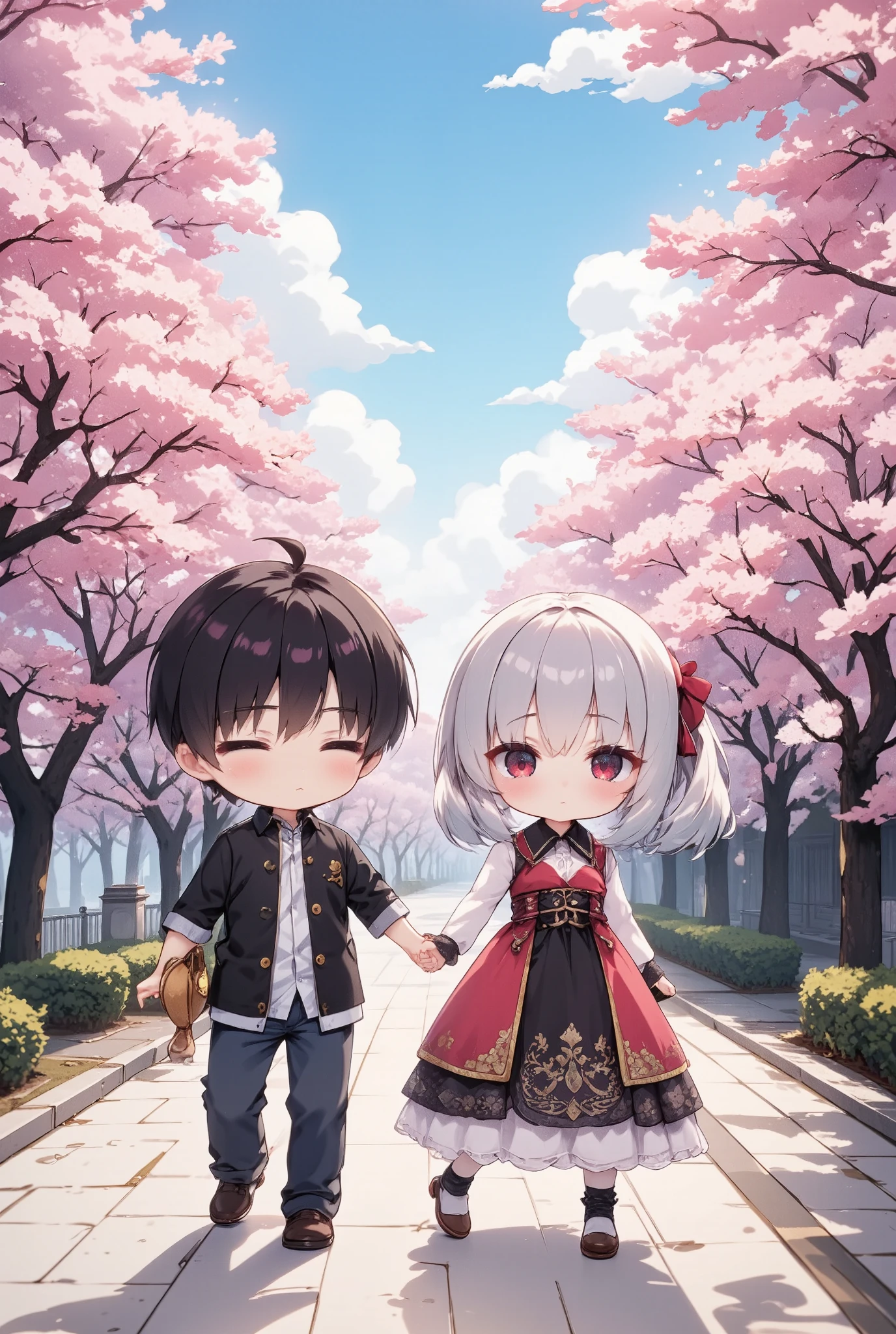 chibi, A cute  couple, holding hands, walking along a sidewalk on a bank of blooming cherry blossoms. The boy is dressed casually, the girl in a gothic dress. ultra detailed, absolutely resolution, masterpiece