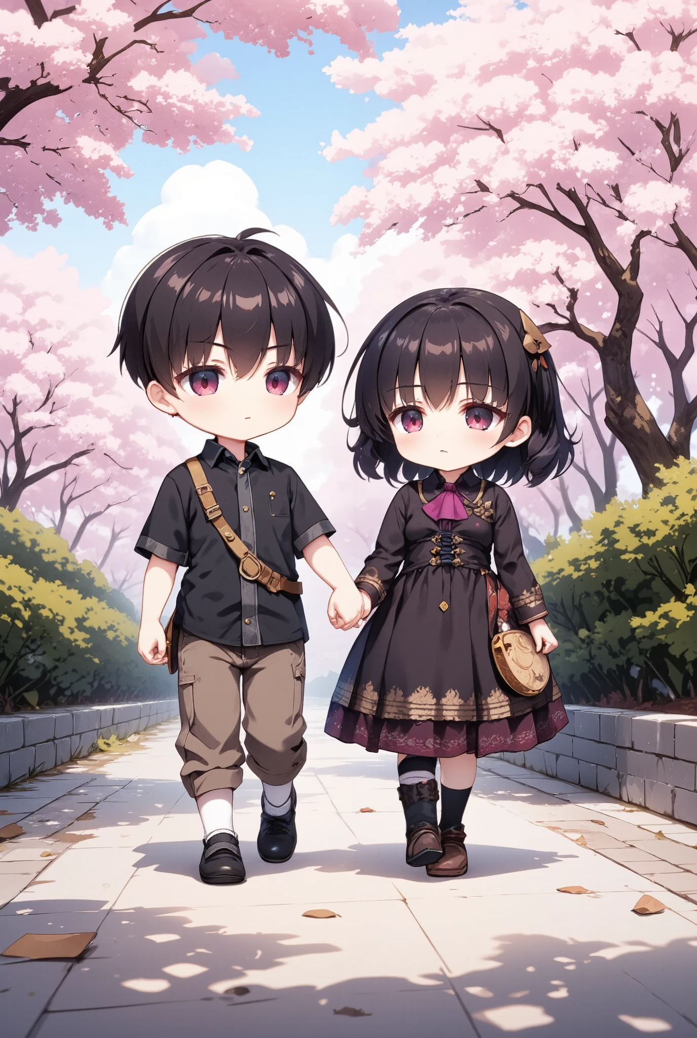 chibi, A cute couple, holding hands, walking along a sidewalk on a bank of blooming cherry blossoms. The boy is dressed casually, the girl in a gothic dress. ultra detailed, absolutely resolution, masterpiece