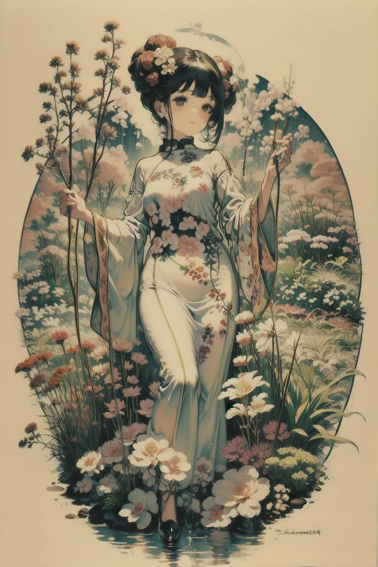 As a coloring book, white and black color, borders should be simple, clear, distinct, and thick lines, By Cartoon picture book of a beautiful Asian girl with short brown hair, A girl traditional ink body art style, (Use simple lines to outline a woman’s graceful figure), Take a step back, undulating lines, Thick and thin lines, line art, Black and white painting, character drawing, line art, lyrical abstraction