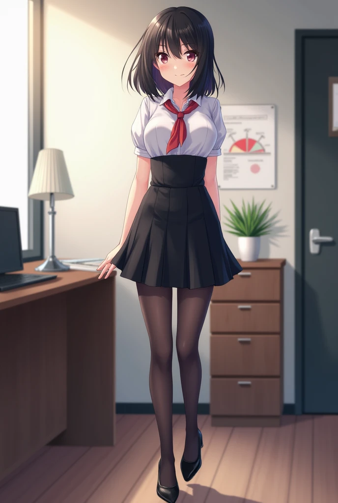 1girl, 独奏, medium hair, looking at viewer, bangs, skirt, shirt, brown eyes, long sleeves, braids, standing, jacket, white shirt, green hair, necktie, collared shirt, indoors, black skirt, uniform, black jacket, window, low twintails, heterochromia, chair, crossed arms, plant, black necktie, desk, pencil skirt,Do you have bare legs?