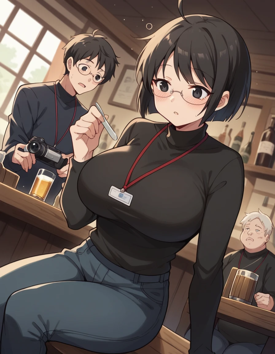 ((Table t○p, highest quality, Hi-Res Lucifer,Anime Screen Capture、Pixel perfect, 8k, nsfw)))、((((((Surrounded by multiple middle-aged men)))))、Perfect Anatomy、(((Huge breasts、Wide Hips、Wide ass、Wet、Sitting、Holding a bottle of alcohol in both hands)))、(((Bobcut、Blunt Bangs)))、(((Black Bunny Suit、Bunny ears)))、Sweat, vapor,(Yellow Eyes)、((Black Hair)), ((((blush、Embarrassing、:d))))、Are crying、(Apartment room at night、Sit on the sofa)、