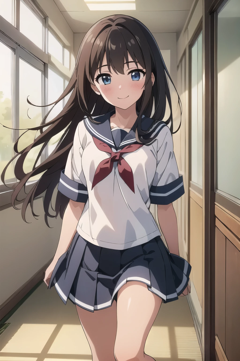 ultra-detailed, (8k, RAW photo, best quality, masterpiece:1.2), (extremely detailed 8k wallpaper), illustration, professional lighting, sharp focus, depth of field, clear eyes, detailed face, detailed eyes, 1 girl, Japanese highschool uniform, sailor uniform, cute pretty beautiful face, slim body, flat chest, running with joy, brown hair, half up hair, wide smile, slight blush, wind blowing, in a school corridor, white socks, sunlight streaming through windows, motion blur effect on legs, sense of speed