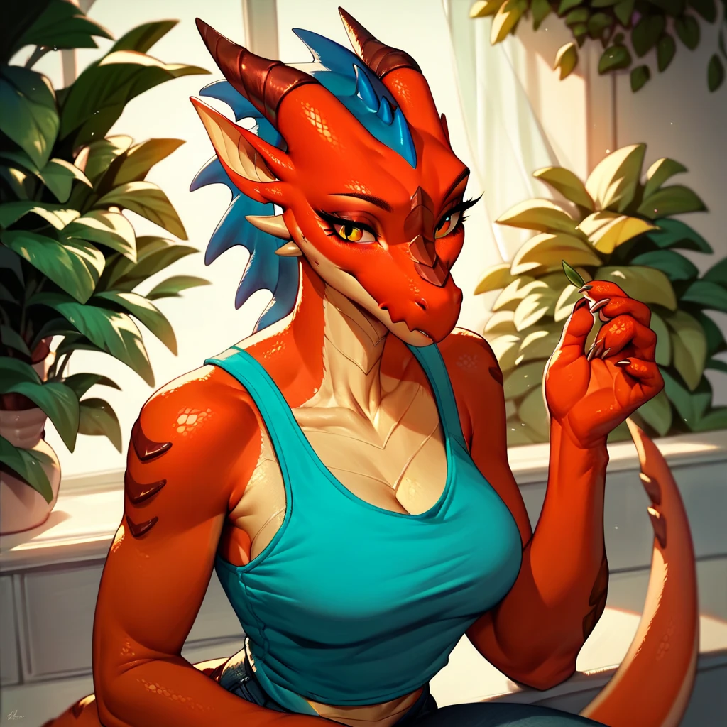 , score_9,score_8_up,score_7_up, anthro Argonian female from skyrim, Anthro reptile girl, snout, all red skin, some black scales, closed eyes, black lips, black horns, black ram horns, athletic body, abs, red tail, wearing naked, standing in a river, happy, hands in the water