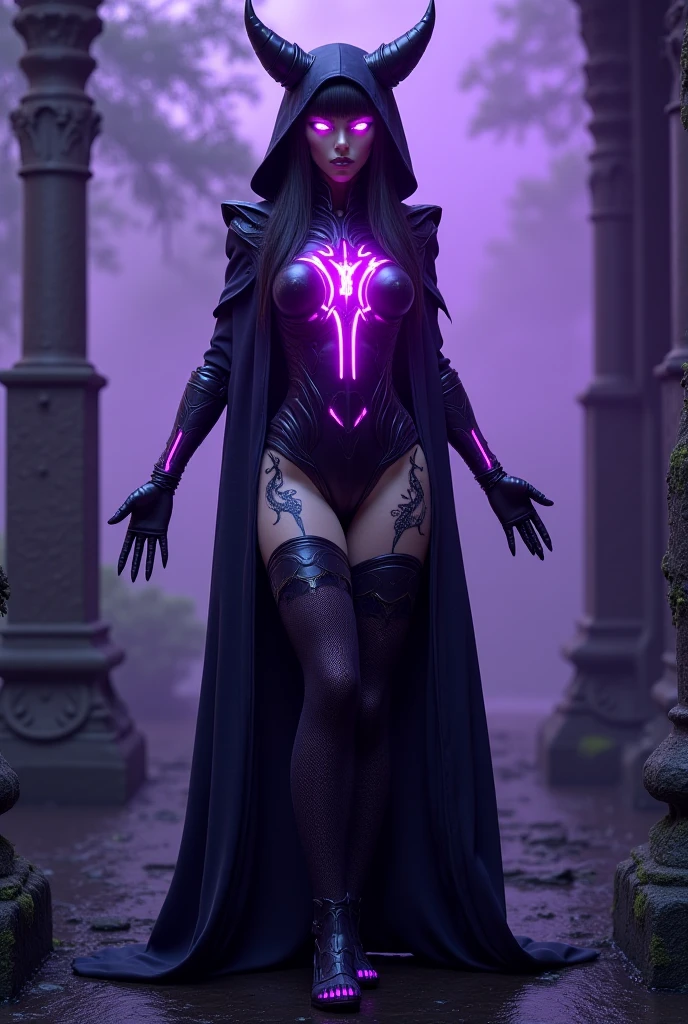 Dominatrix cyber jessica_cruz wearing a skin-tight uniform stsapph2024 in a dark and sinister narrow alley under a dim street light, (cyberpunk style), Evangelion style, mecha, (sensual pose with her hands on her waist), (rainy night with fog), Batgirl, bodysuit, toned body, wide hips, Allan Moore, DC Comics, gothic setting, Gottam City, photorealistic, 8k, realistic shadows
