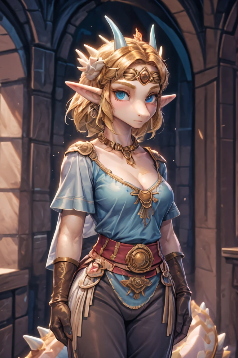 arafed image of a woman in a blue outfit and gold jewelry, portrait of princess zelda, portrait of zelda, princess zelda, zelda, zelda botw, zelda style art, portrait of an elf queen, zelda with triforce, artgerm julie bell beeple, elf princess, alluring elf princess knight, from legend of zelda