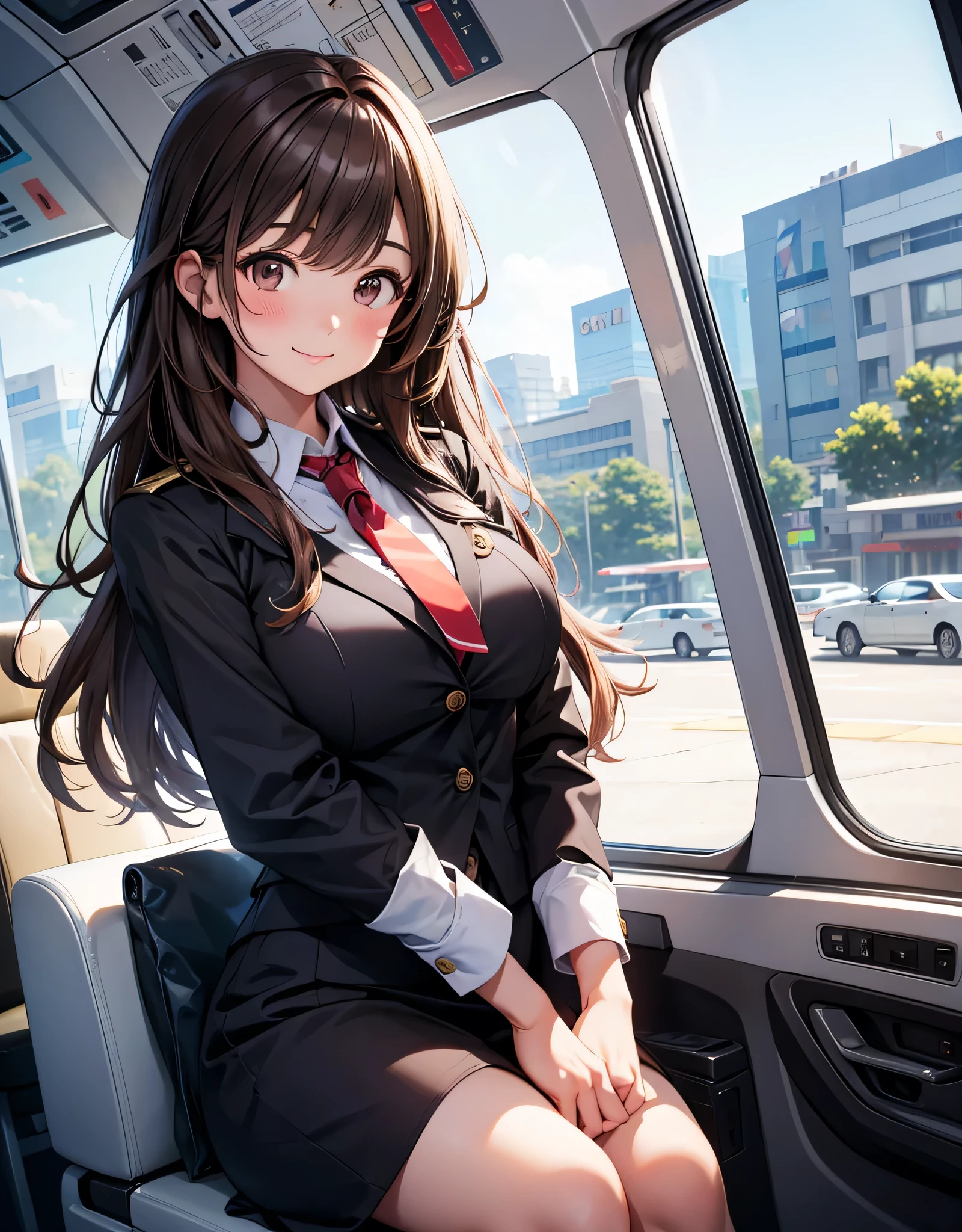  One Girl , Alone,  high resolution,  big breasts, Look away,  blush,  smiles,  long hair, bangs,  brown eyes,  high resolution, masterpiece, accurate,  anatomically correct,  won numerous awards, 最 High Quality , High detail ,  high image quality model,  High Quality ,  retina,  very detailed,  Ultra Fine,  brown hair, , (( cabin attendant)), Highlight the whole body,  airplane background ,  laughs, Tie your hair back,  Cabin Attendant Uniform, JAL,All Nippon Airways, 立ち姿,