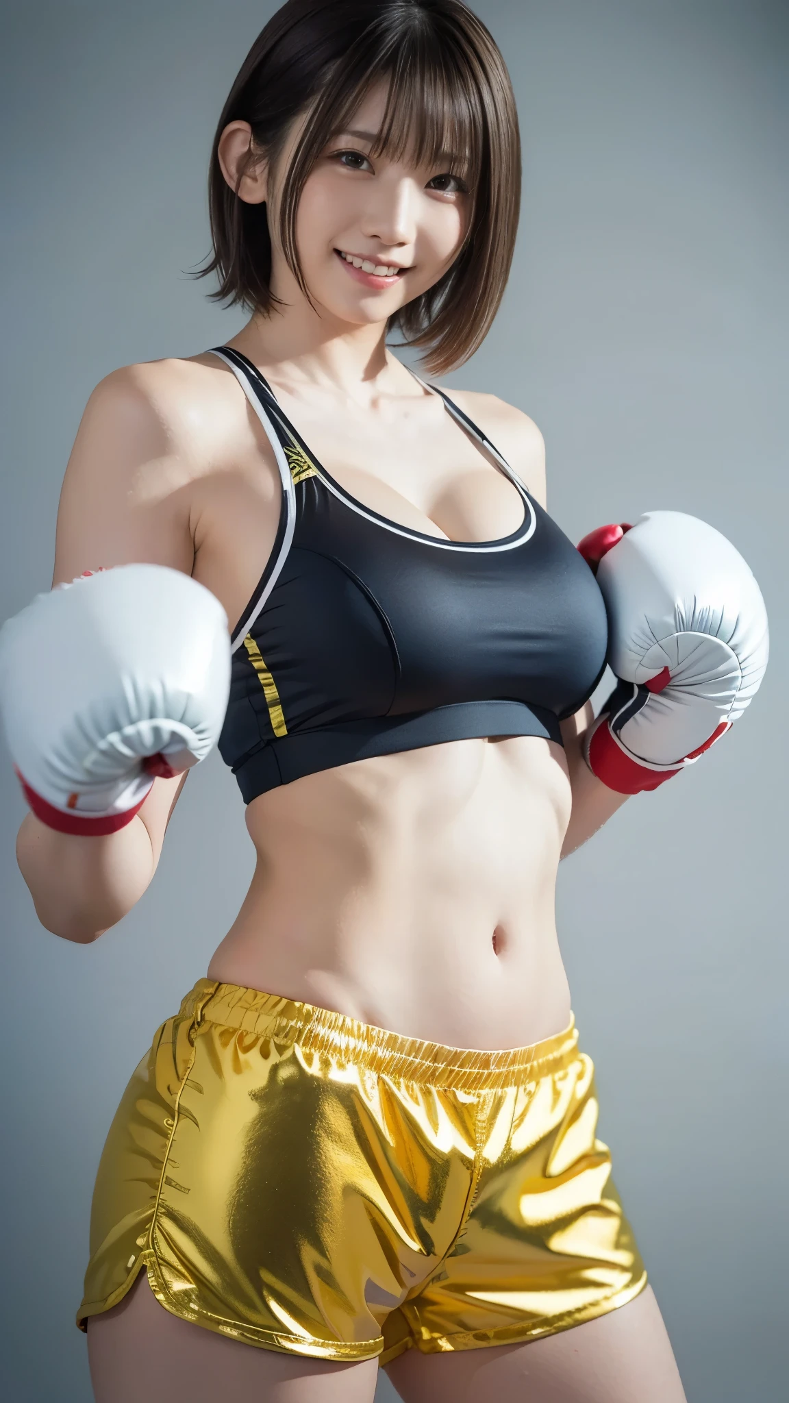  best quality ,masterpiece,Ultra high resolution, high definition RAW color photo , professional photography, natural skin texture , fine skin, hyperrealism, smiles,gigantic breasts,dark blonde short bob hair,(shiny boxer uniform, sports bra, shorts),(minimal background ), Shrimp,(fighting stance,punching)
