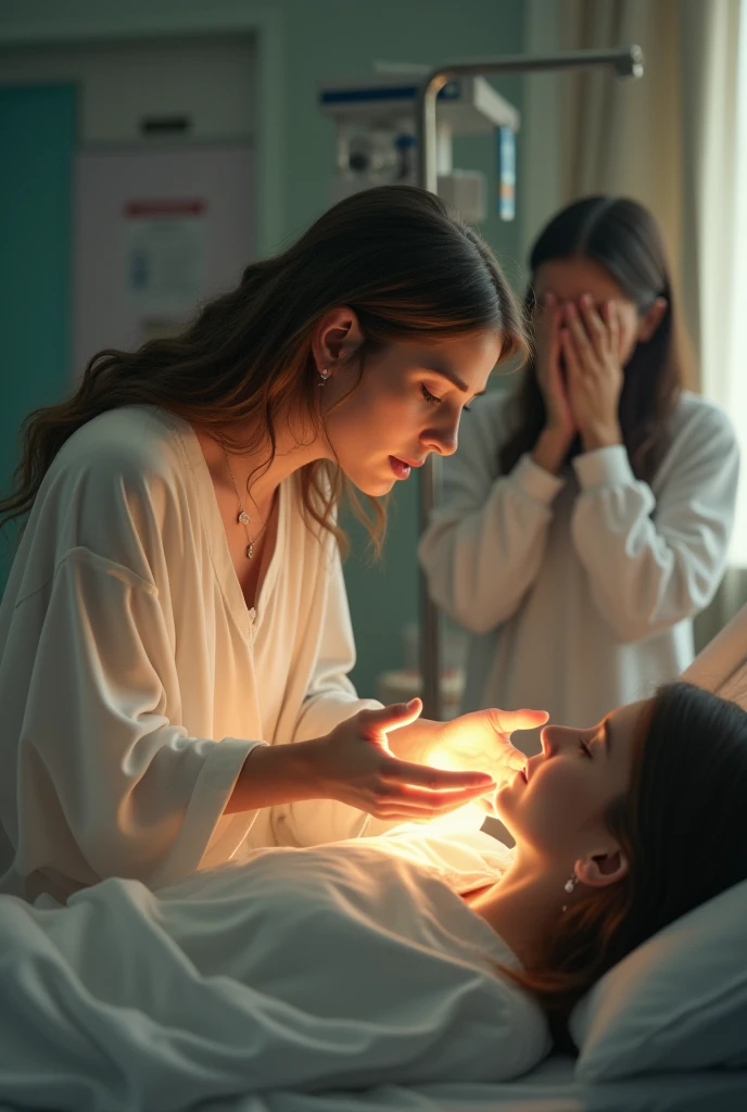 Emotional scene in a hospital . Jesus with serene expression , Wearing a white tunic, a sick in a hospital bed , with soft light emanating from her hands as a symbol of healing and protection . In the background, an emotional mother cries with her hands on her face , as medical machines create the realistic environment of the hospital . Soft lighting and warm tones highlight the atmosphere of hope and faith."