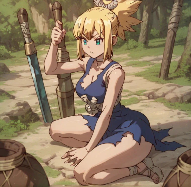 Fantasy background、(masterpiece、top-quality:1.2)、((facing front:1.2))、A big smile、With bangs、Young woman at 17 years old、((The upper part of the body:1.2))、Promotional Art、offcial art、circlet, Large breasts, cleavage, Strapless, Blue Dress, Purple Cape, thighs thighs thighs thighs, elbow groves, long boots, Belt bag, scabbard, knee boots、platinum-blonde、Red ribbons、Amber eyes、Hold your sword