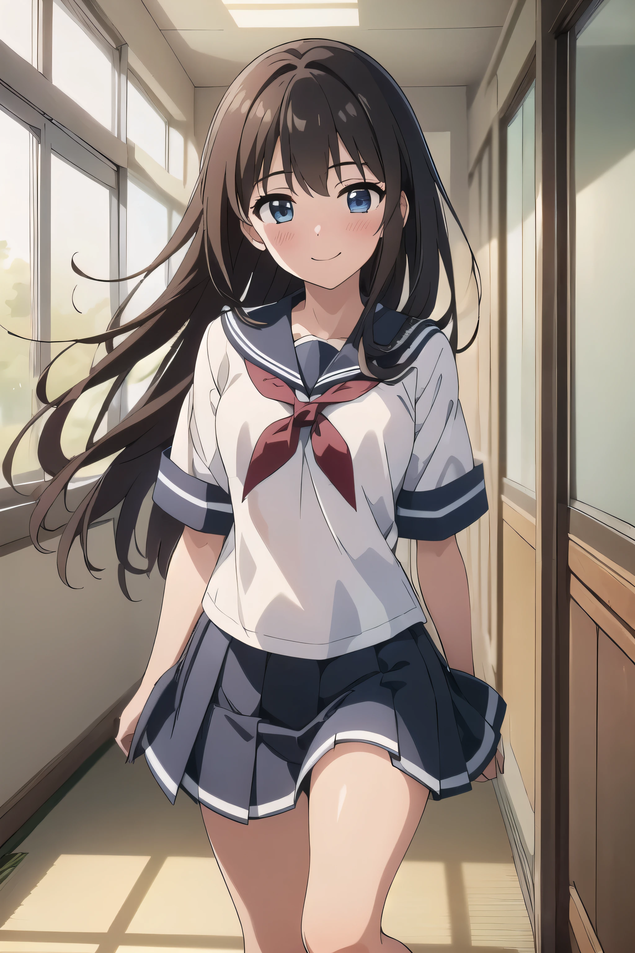 ultra-detailed, (8k, RAW photo, best quality, masterpiece:1.2), (extremely detailed 8k wallpaper), illustration, professional lighting, sharp focus, depth of field, clear eyes, detailed face, detailed eyes, 1 girl, Japanese highschool uniform, sailor uniform, cute pretty beautiful face, slim body, flat chest, running with joy, brown hair, half up hair, wide smile, slight blush, wind blowing, in a school corridor, white socks, sunlight streaming through windows, motion blur effect on legs, sense of speed