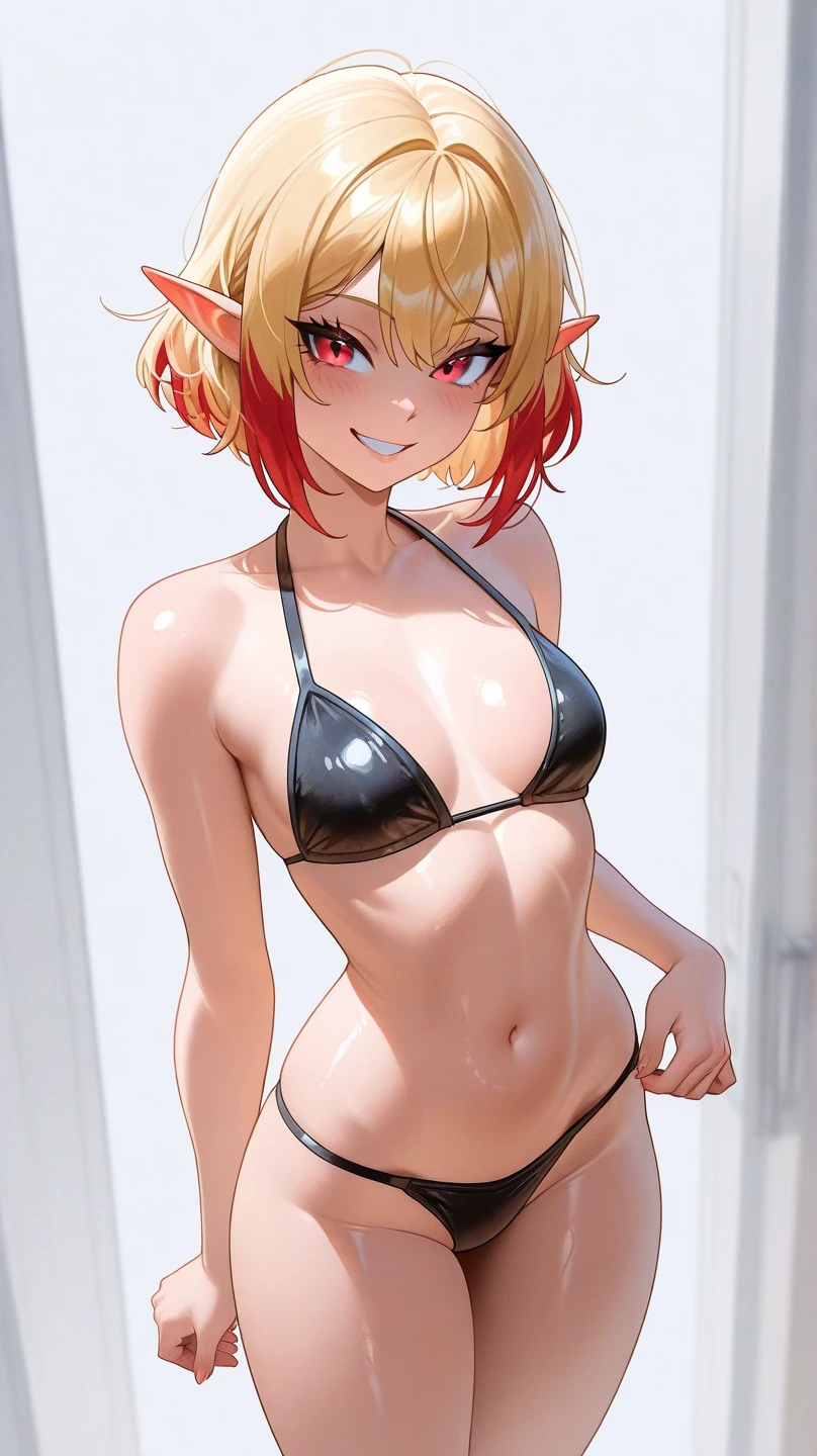 (Original Character、Unity 16K Wallpaper、masutepiece、Best Quality、Ultra-Detailed、Extremely Detailed CG、Caustics、Cinematic lighting、Detailed、Beautiful Detailed Eyes、Solo、Oily skin、cleavage、18year old)、Beautiful woman with perfect body shape、Sway Back Stance、(maikurobikini:1.2)、Sunset beach、Highly detailed facial and skin texture、Blonde ponytail、Red ribbons、Ahoge、big round red eyes、small tits、A slight smil、Laugh