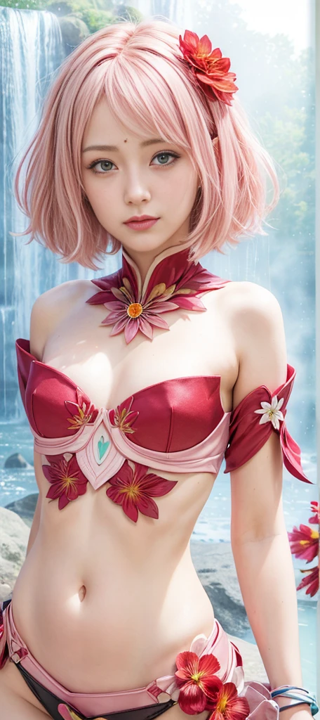 (realistic, highest quality: 1.4), (Japanese,woman,pink and white hair, (blue eyes)),((Please show me your armpits),whole body,open your legs),((transparent clothes),bodycon,mini dress),(background,Artistic,colorful flowers)
