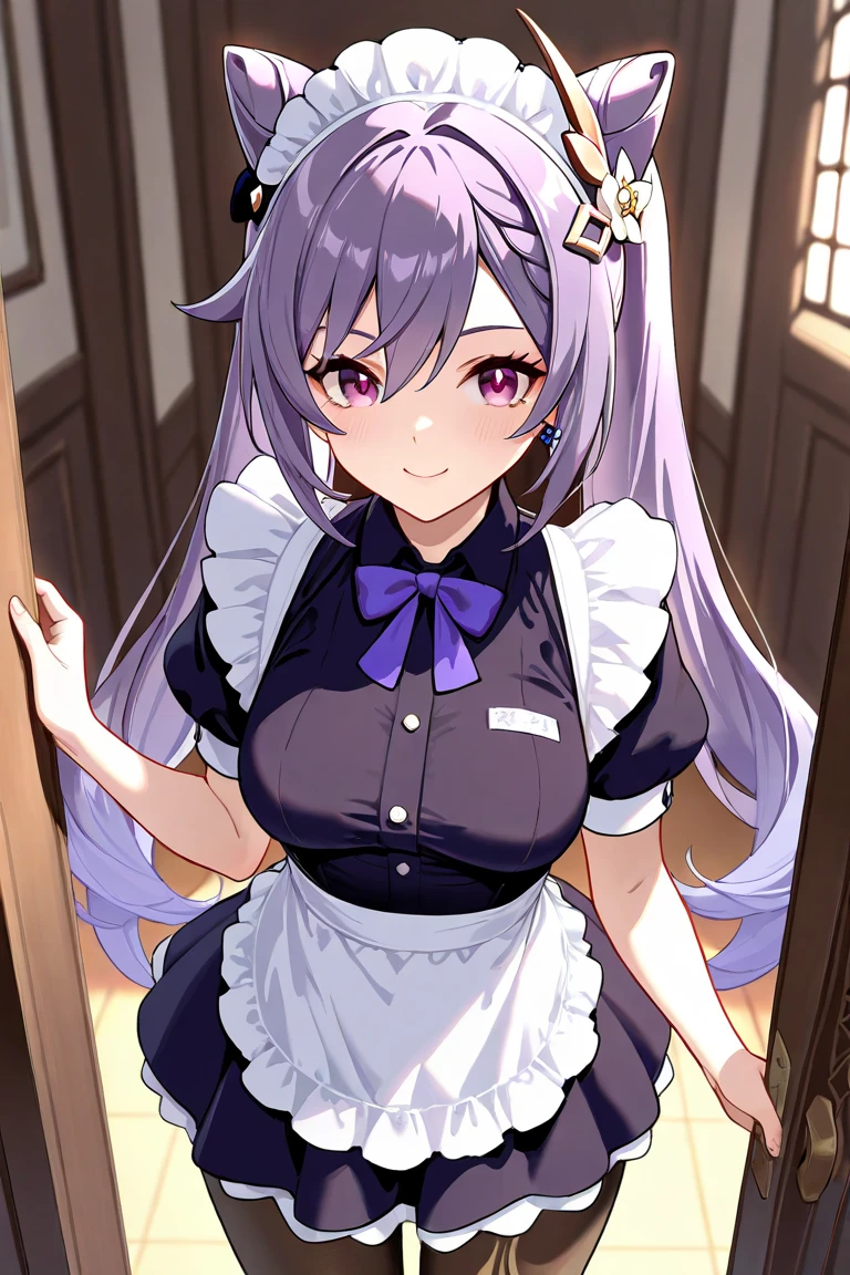 1 girl, game cg, brown short frilled dress, small apron, ((gigantic breasts)), light purple hair, long hair, french braid, purple eyes, smile, white background, own hands clasped,