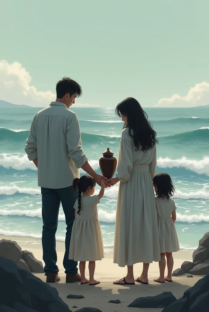 Family members standing on the seashore. They are all holding hands together, the rough sea in the background, and in the distance the statue of the ancient god slowly sinking under the water.