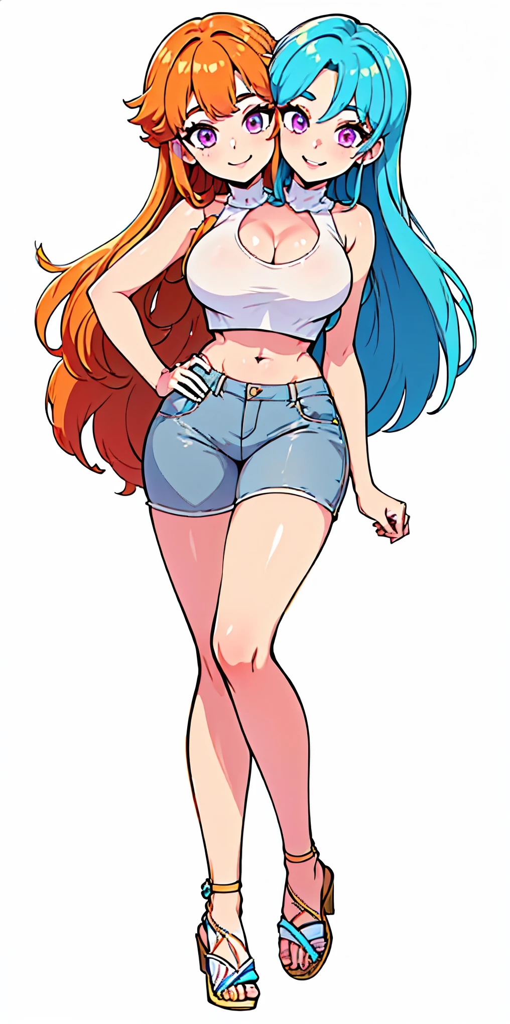 best quality, (masterpiece),(ultra-detailed), (high quality), (high resolution), ((2heads:1.5)), best quality:1.5, highres, UHD, 16K), ((two headed woman)), smiling, highres, masterpiece, ((vibrant orange hair:1.5)), ((vibrant blue hair:1.5)), ((different hair colors)), cleavage, ((white crop top:1.5)), lustrous and smooth skin, seductive silhouette, rpg fantasy dress, sexy proportions, Beautiful girl with accentuated slender abs, ((full body)), ((exposed midriff)), body con dress, strapless, sleeveless, magenta violet eyes, ((long hair)), ((sandals)), dark gray shorts