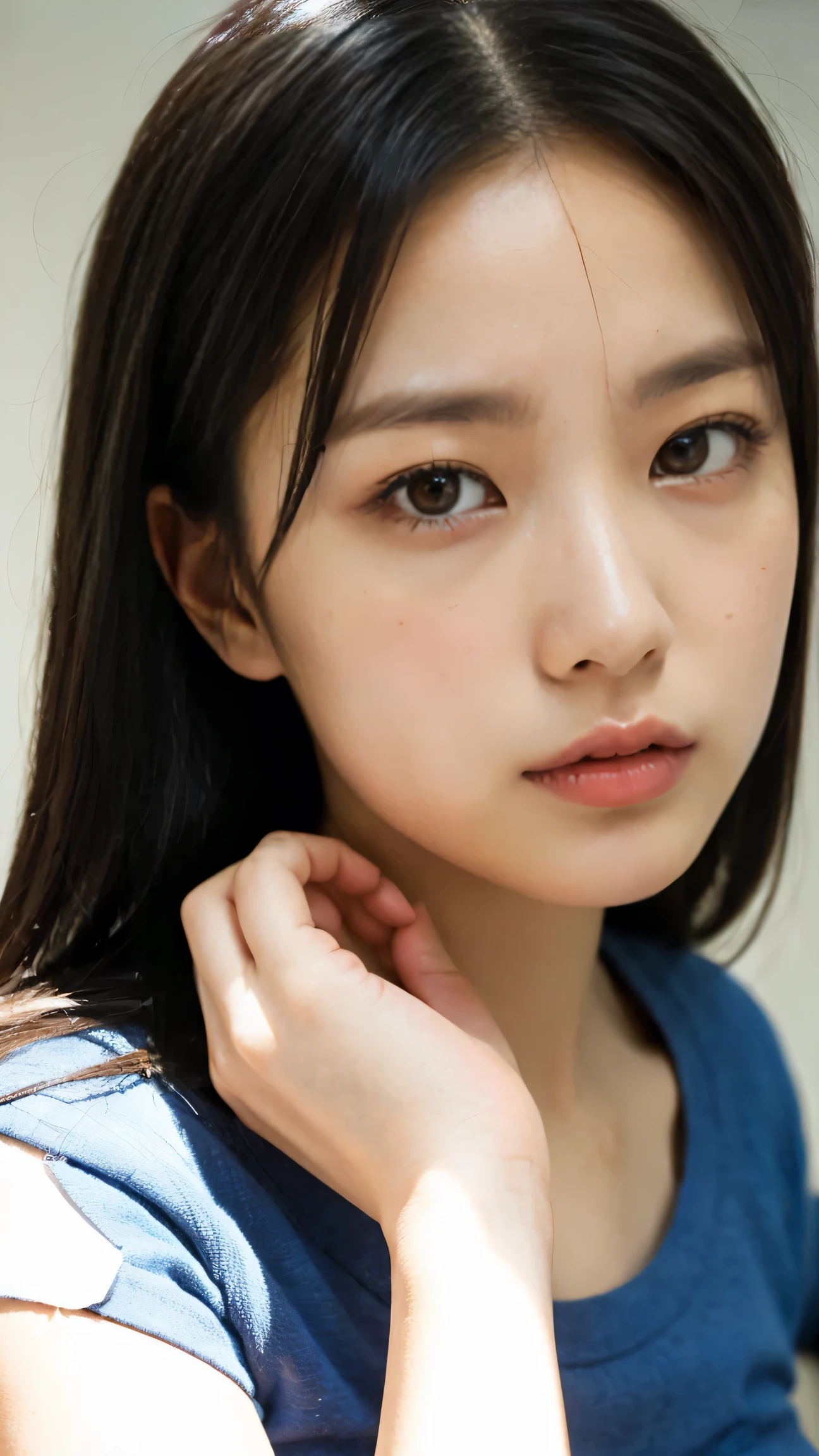 best quality, face focus to be interrogated, Soft light, ultra high resolution, RAW photos , cute, (pupil, Light on the pupil), detailed, blue shirt