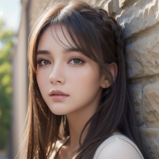 best quality , Masterpiece, Ultra high resolution , ( photorealistic:1.2), 1 girl, ( detailed face:1.2), ( detailed eyes:1.2), ( detail hair on the front of the wall :1.2), (Detailed clothing:1.2), 4K, ,