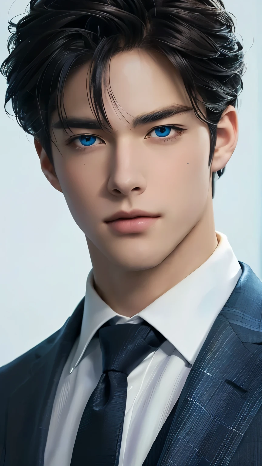 a close up of a man in a suit and tie with a cell phone, anime handsome man, tall anime guy with blue eyes, handsome guy in demon slayer art, stunning anime face portrait, anime portrait of a handsome man, male anime style, high detailed face anime, male anime character, anime realism style, smooth anime cg art, handsome stunning realistic