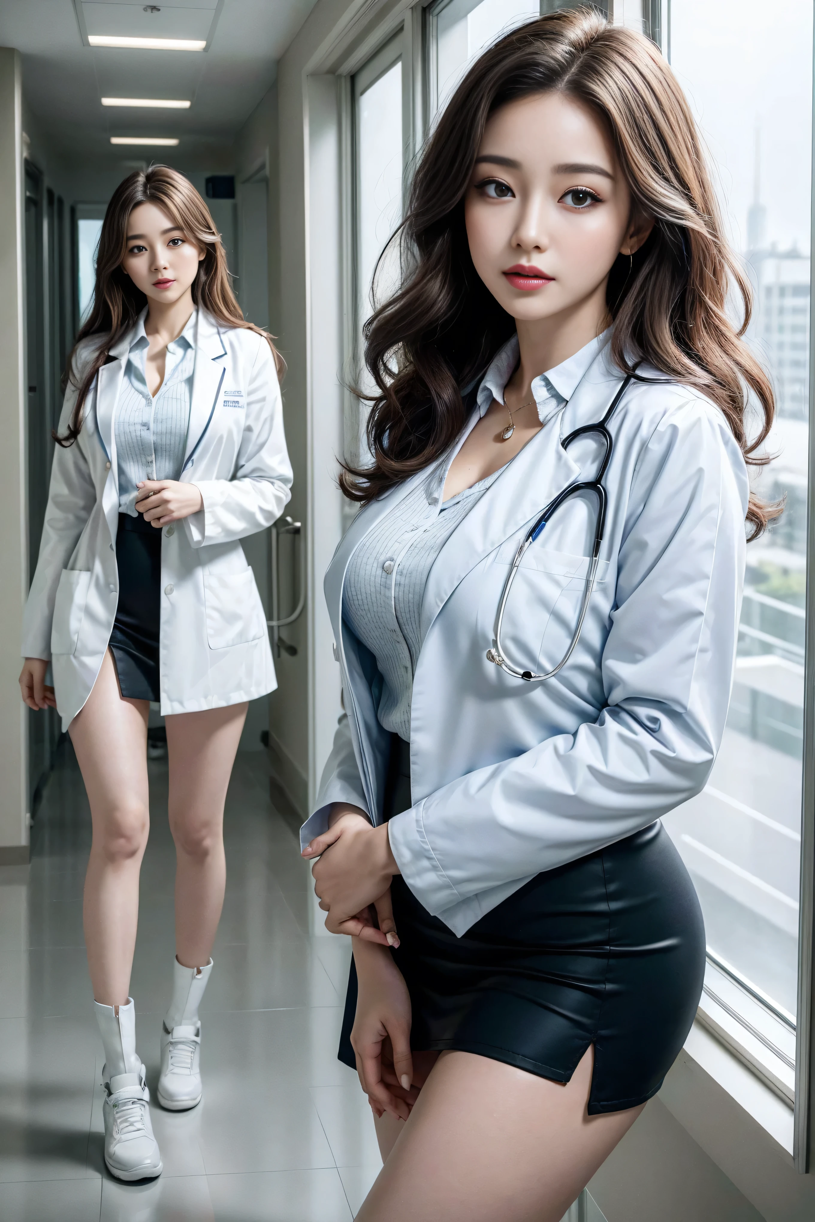 Realistic beautiful doctor、Stunningly beautiful、doctor white coat, Collared shirt、(Top quality、8K、32K、masterpiece、North African Trade Zone:1.3)、Ultra-high resolution,(Reality:1.4),Original Photography, Detailed face,,Beautiful hair, ((Doctor style)),,((Leg length)), (Thigh gap:1.5), , Black tight skirt、 Natural Makeup,, Big plump breasts、In the hospital, Detailed background, Perfect lighting, Depth of Field, Beautiful shadow gradient,Stethoscope ,