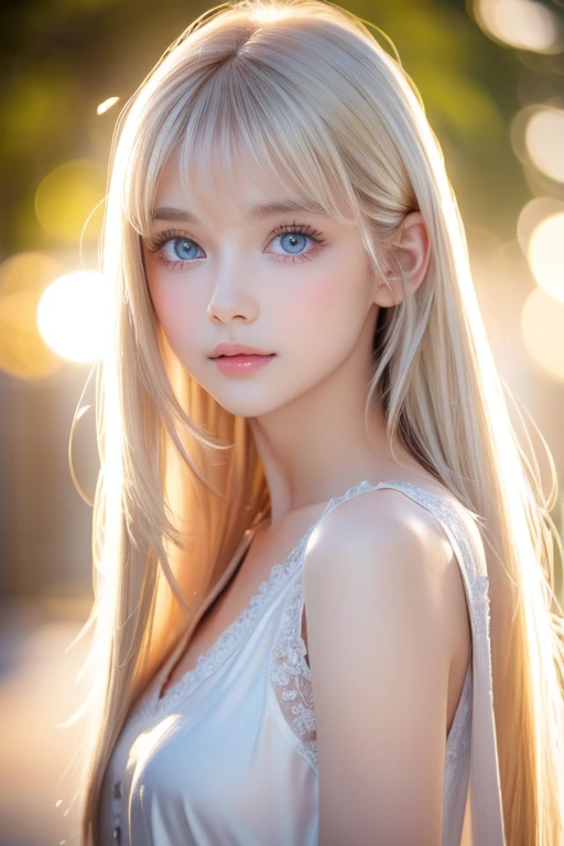 light smile、night、Live shooting、(((Portrait of extreme beauty)))、((glowing skin))、1 girl、16 year old beautiful girl from Prague、bright look、((platinum blonde hair))、[Big blue eyes that shine like jewels]、Shiny glossy skin、silky super long straight hair、eyeliner、beautiful bangs、hair between eyes、((masterpiece、最high quality、Super detailed、film light、intricate details、High resolution、very detailed))、detailed background、8KUHD、digital single lens reflex、soft light、high quality、film grain、Fujifilm XT3 、depth of field is shallow、Natural light、（No hands）、Look up、rich bust