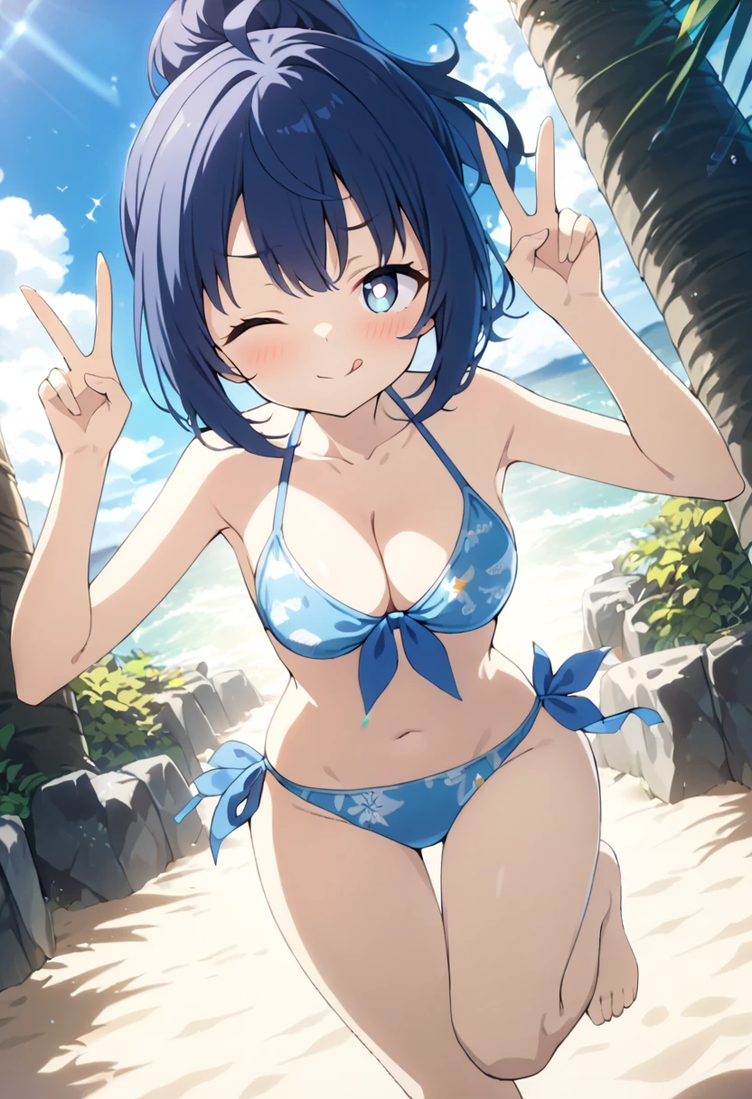 Masterpiece, 8k wallpaper, solo, Watanabe you, standing, smile, swimsuit, beach, highly detailed, beautiful detailed eyes, medium breasts