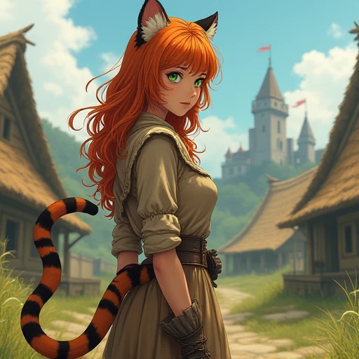 Big red fluffy cat cuddles woman with long red stripes, perfect anatomy, perfect eyes, perfect face, high detail, high definition drawing, high resolution, HD, 16k, well-drawn, fine detail, sunlight, beautiful landscape, fantasy landscape, matte painting, complex details, high detail, high fidelity, ray traced reflections, intricate complexity, photorealistic, Makoto Shinkai Peter Kemp Mucha print, soft natural volume cinematic flawless light, light shadow, cinematic wallpaper, super detailing, photorealism